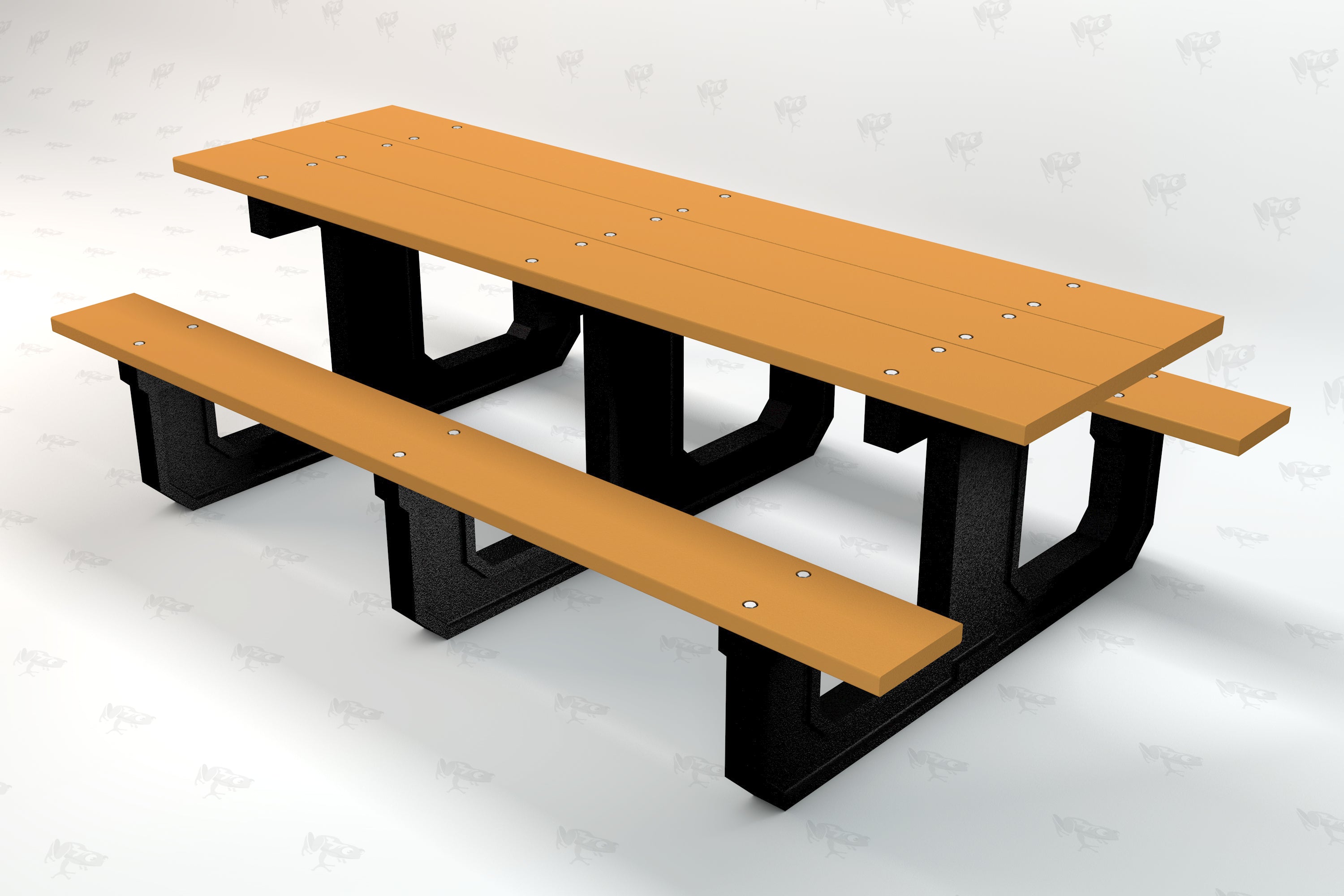 Recycled plastic picnic table with cedar-colored planks and black supports, designed for outdoor communal use