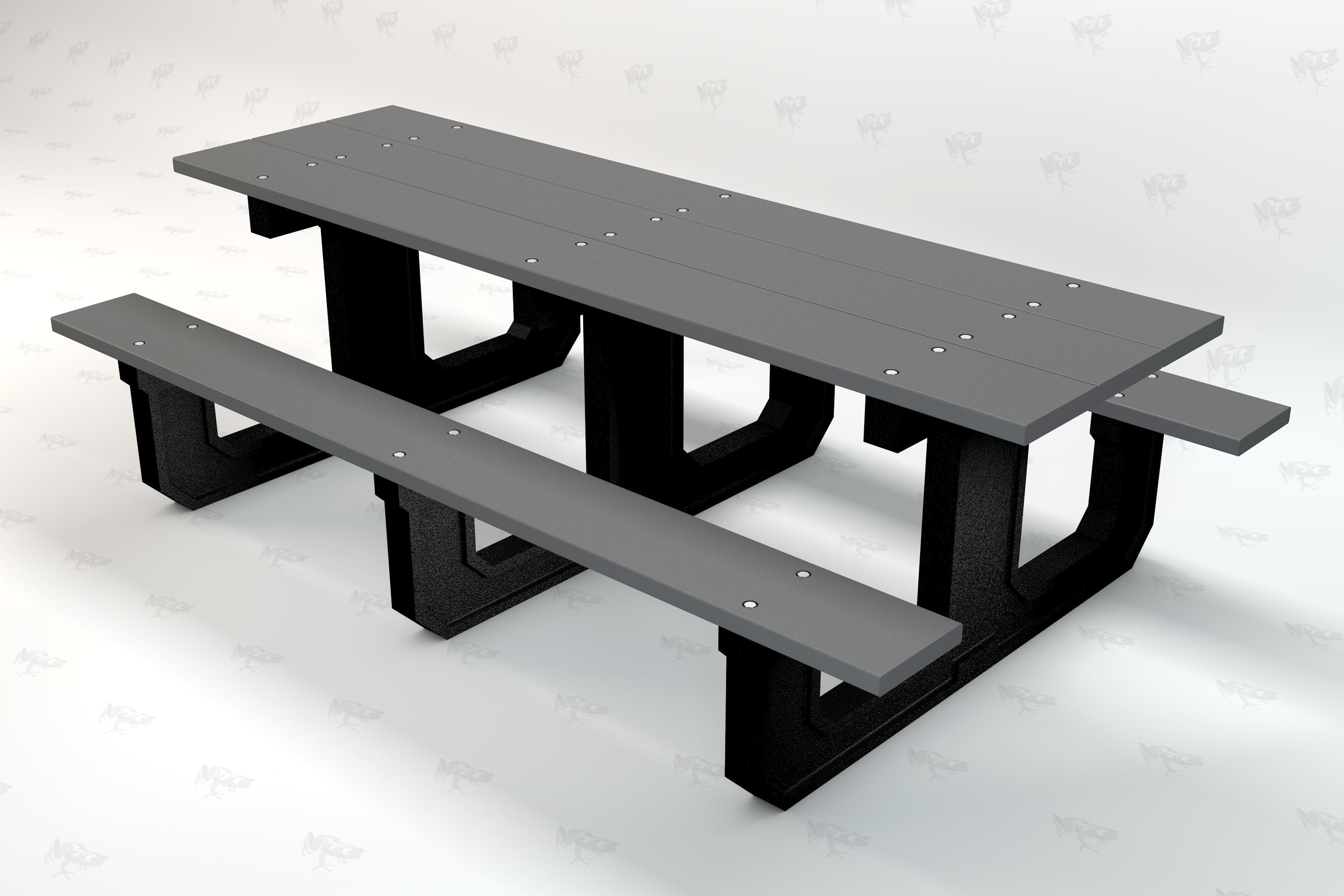 Gray recycled plastic picnic table with attached benches and sturdy black supports, angled view.