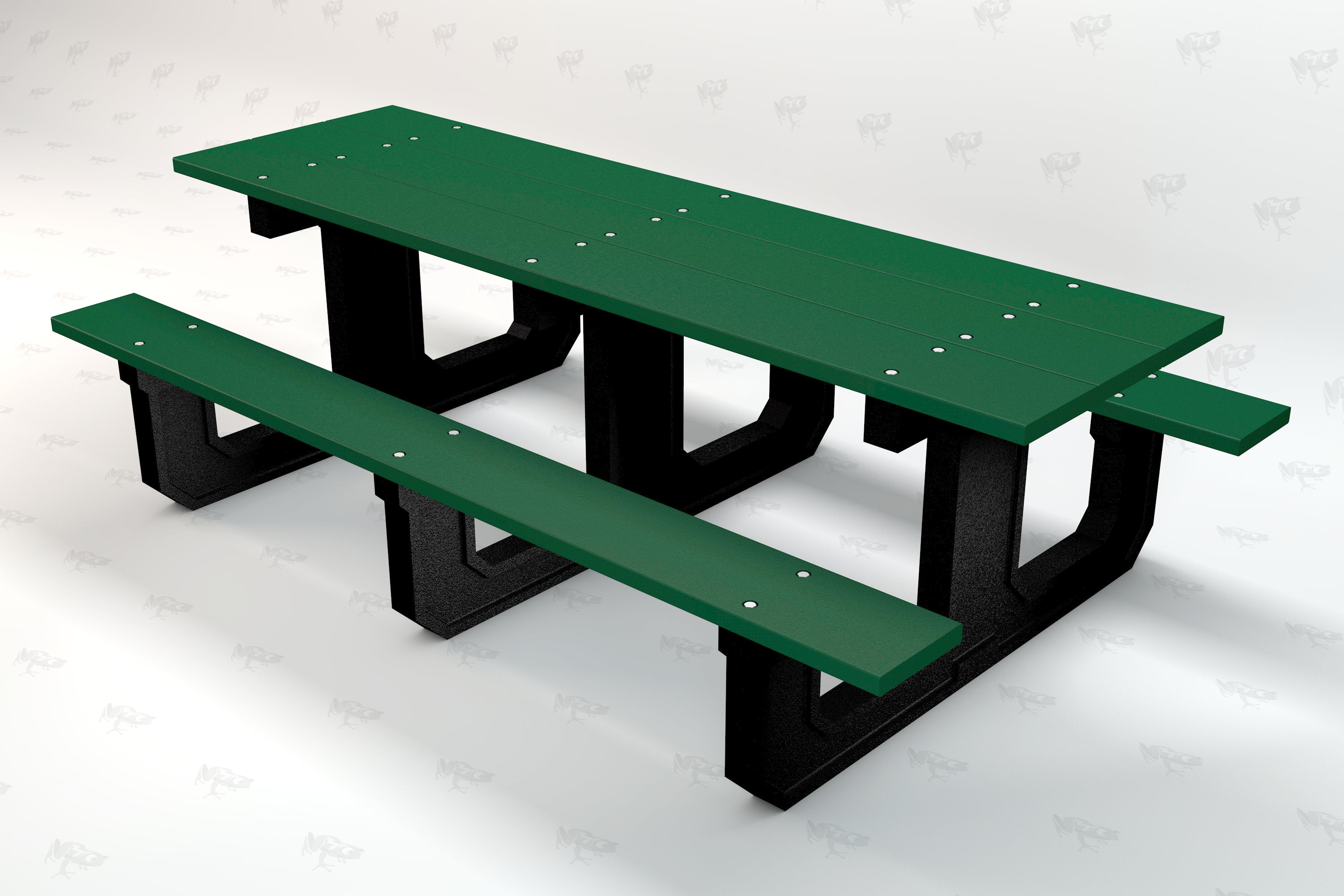 Green recycled plastic picnic table with attached benches and black metal supports, angled view.