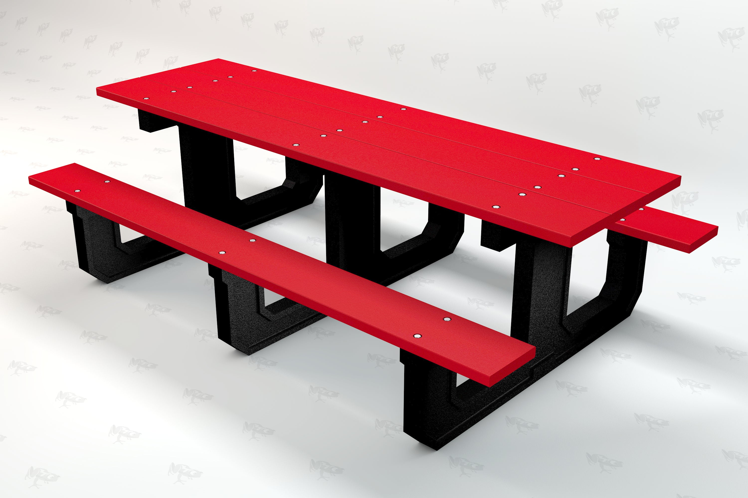 Red recycled plastic picnic table with attached benches and black metal supports, angled view.