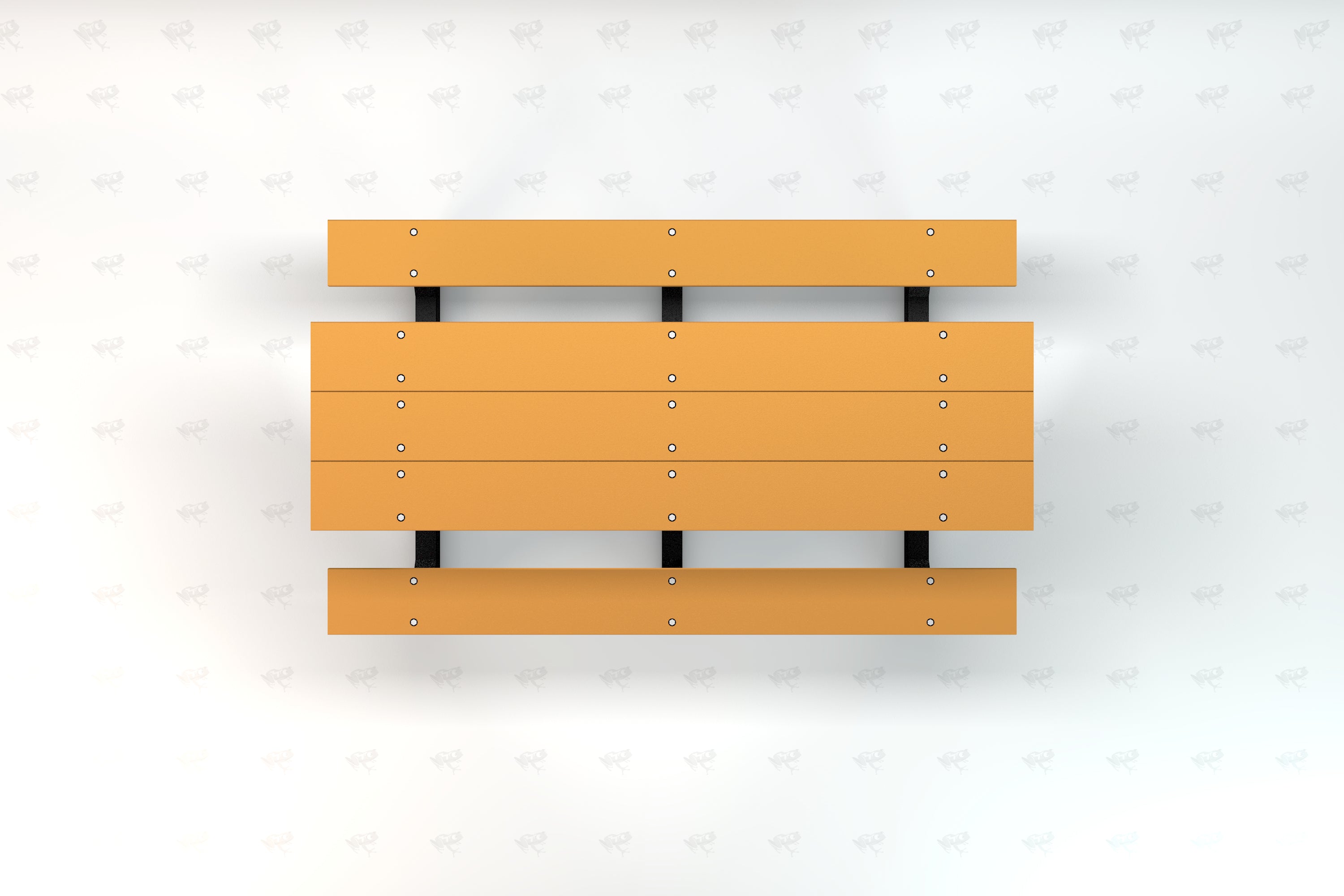 Overhead view of an orange recycled plastic picnic table with attached benches and black metal supports