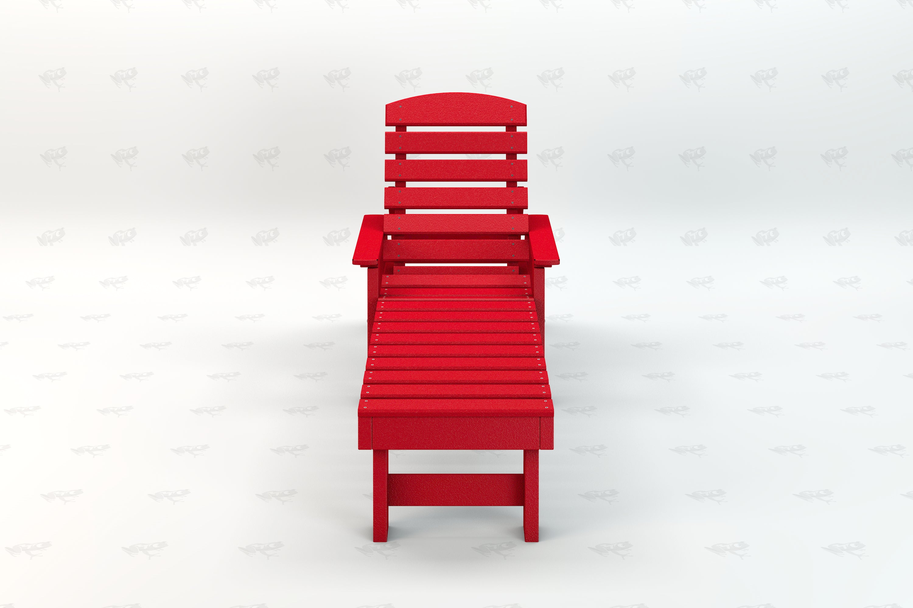 Red recycled plastic Adirondack lounger with slatted back and extended footrest, designed for outdoor comfort and durability.