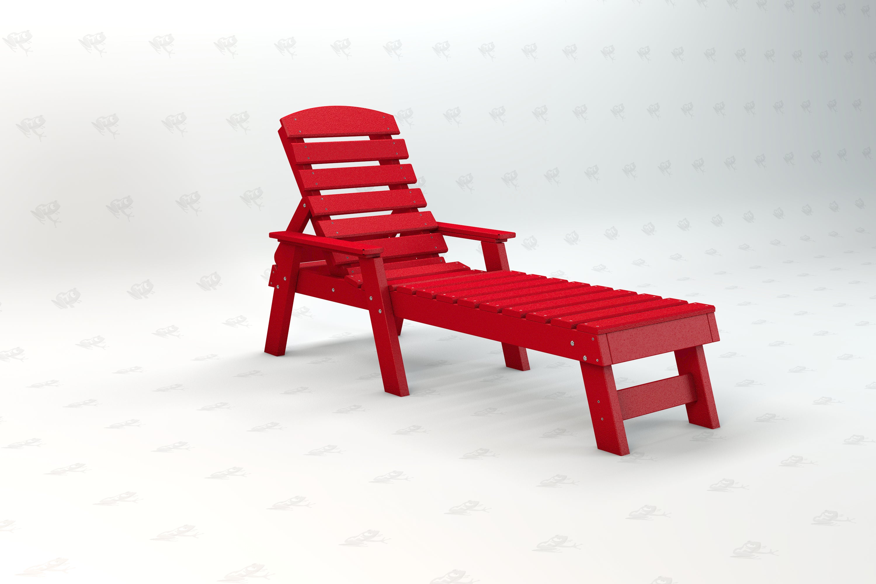 Red ergonomic Adirondack lounger with slatted back and seat, made from durable recycled plastic for outdoor use
