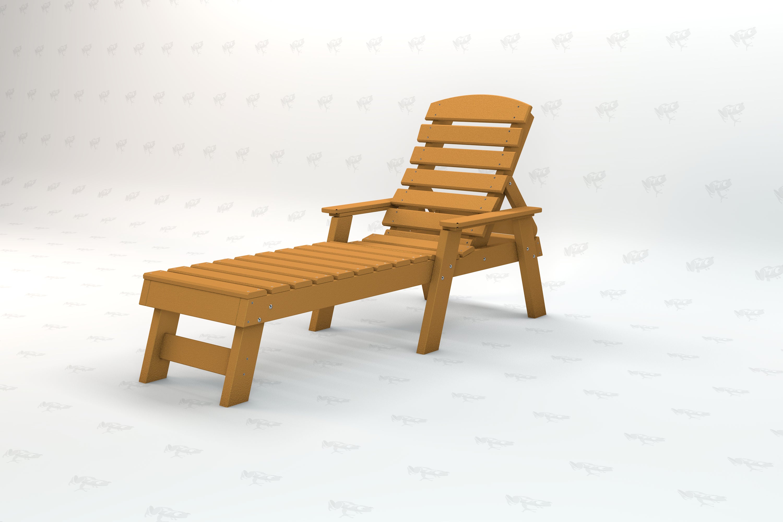 Cedar-colored recycled plastic Adirondack lounger with slatted back, armrests, and extended footrest in angled view