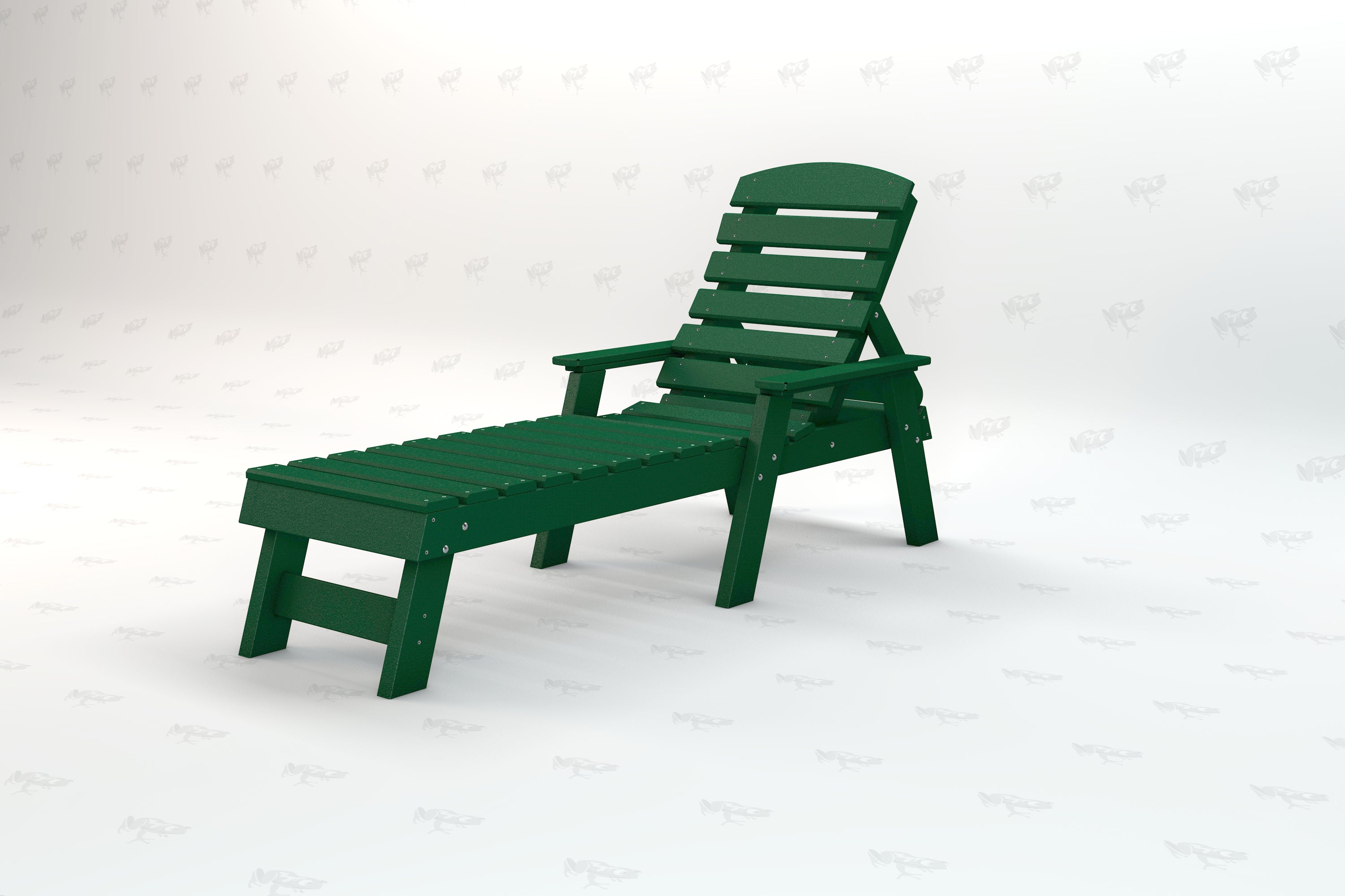 Green recycled plastic Adirondack lounger with slatted back and extended footrest for outdoor relaxation
