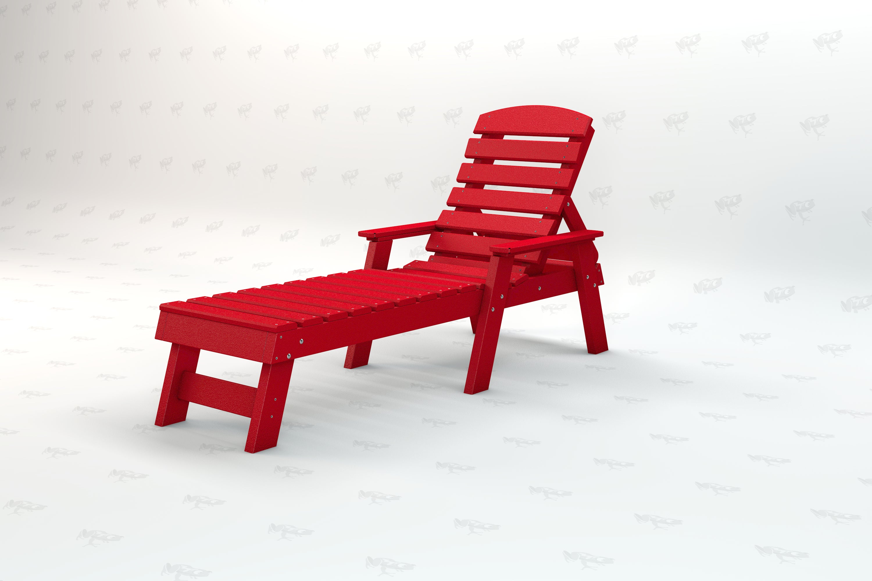 Red recycled plastic Adirondack lounger with slatted back and extended footrest for outdoor relaxation
