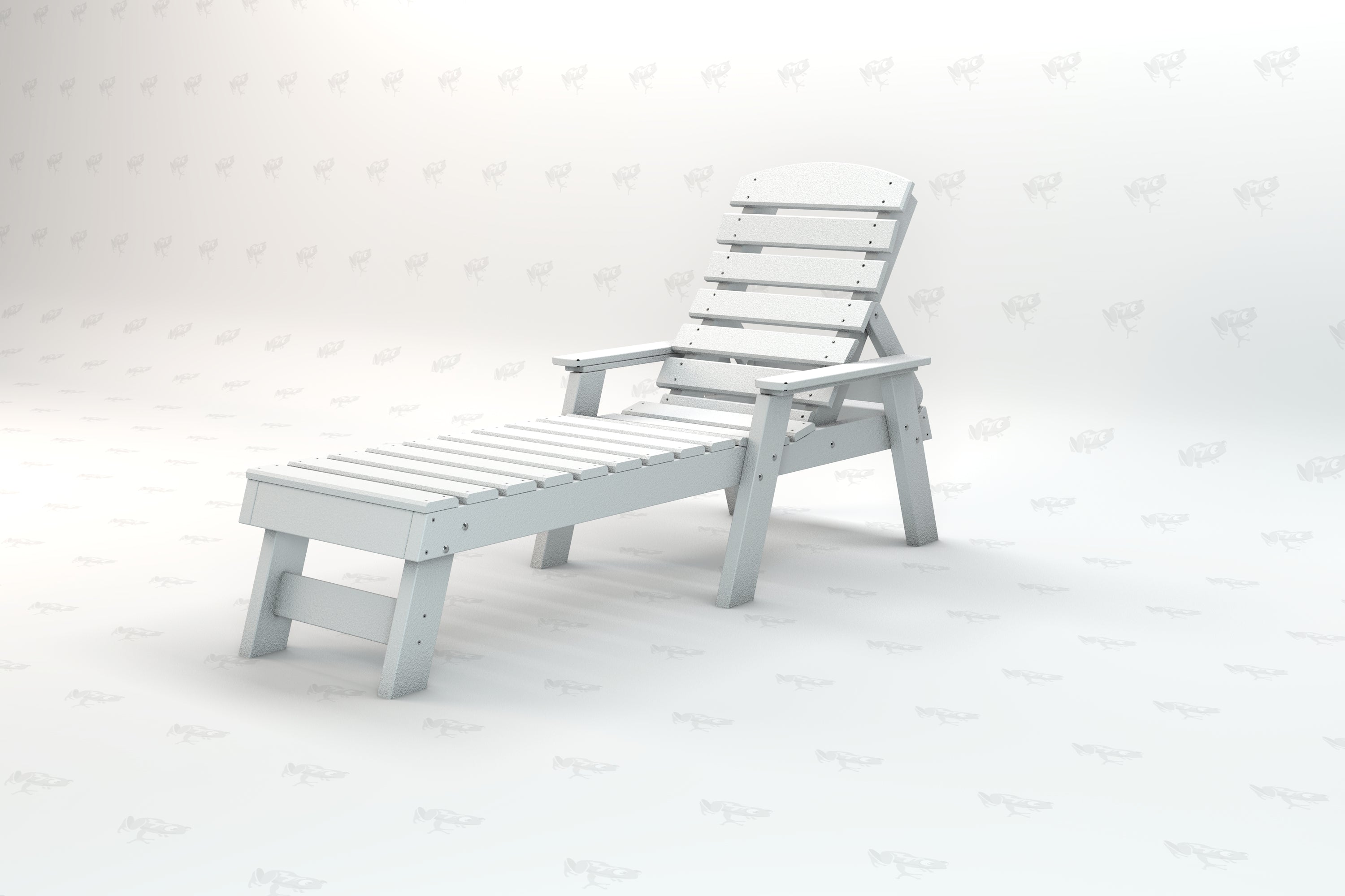 White recycled plastic Adirondack lounger with slatted back and extended seat for outdoor relaxation