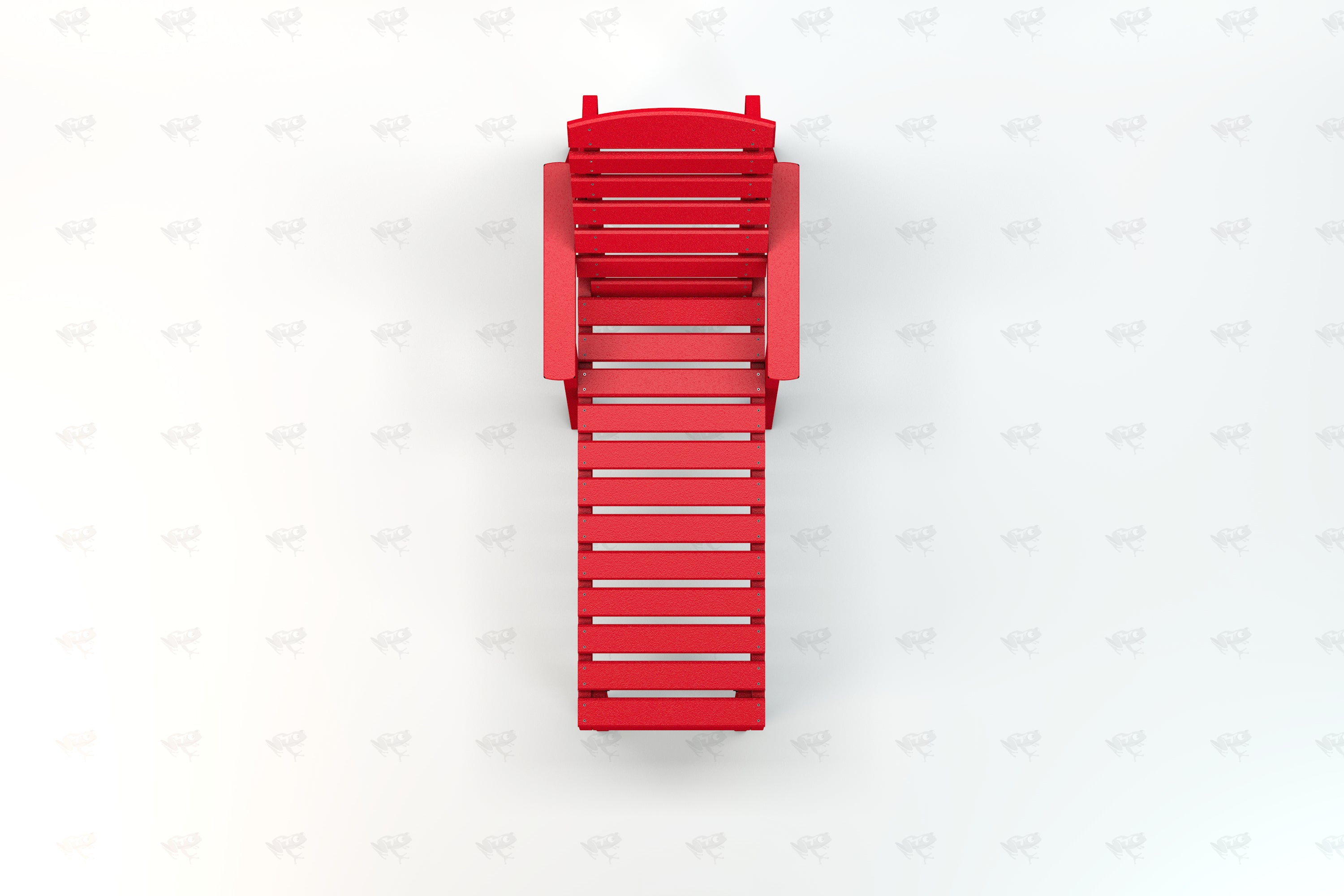 Overhead view of a red recycled plastic Adirondack lounger with wide armrests and slatted seat design