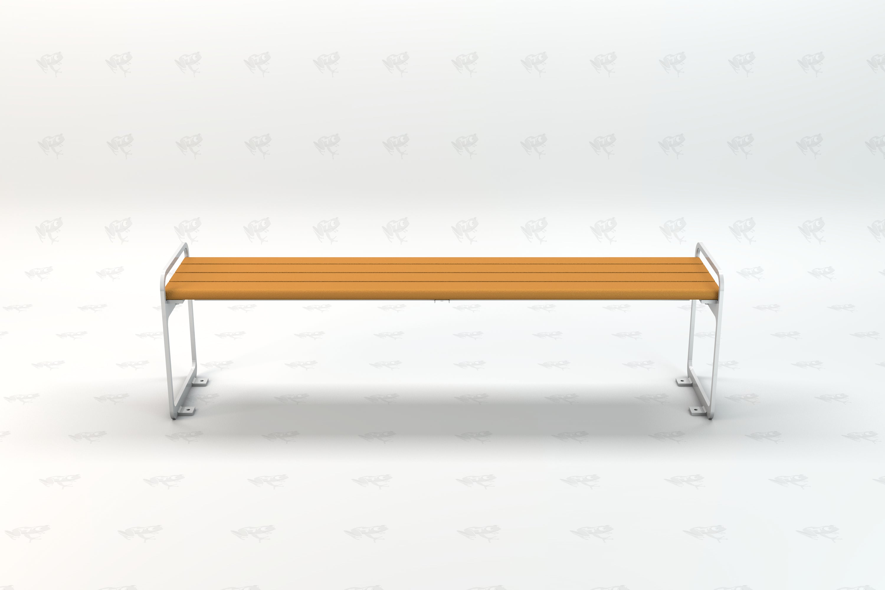 Backless park bench with cedar-colored recycled plastic slats and white metal frame, front view