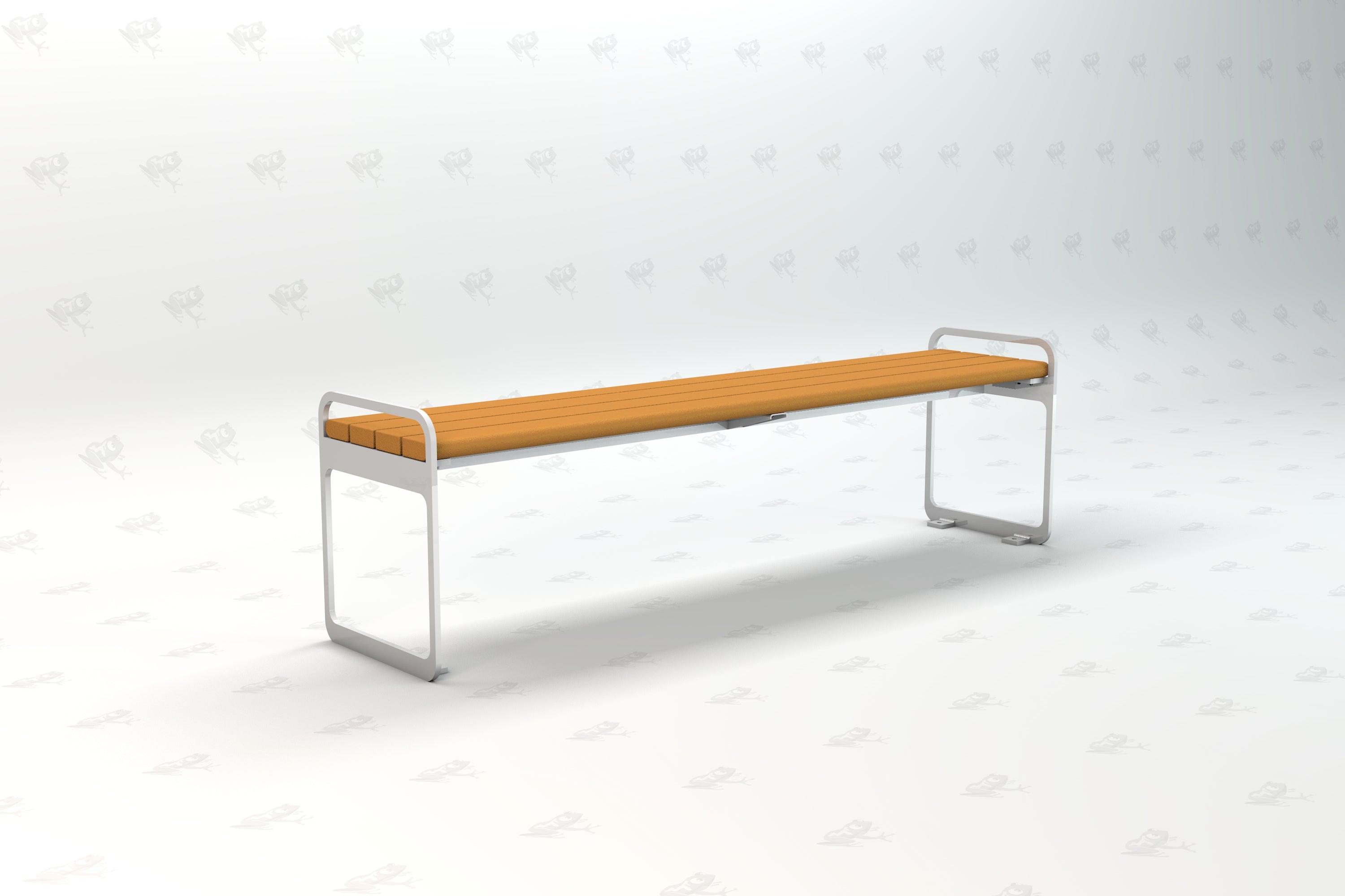 Backless park bench with orange recycled plastic slats and silver metal frame, modern outdoor seating design