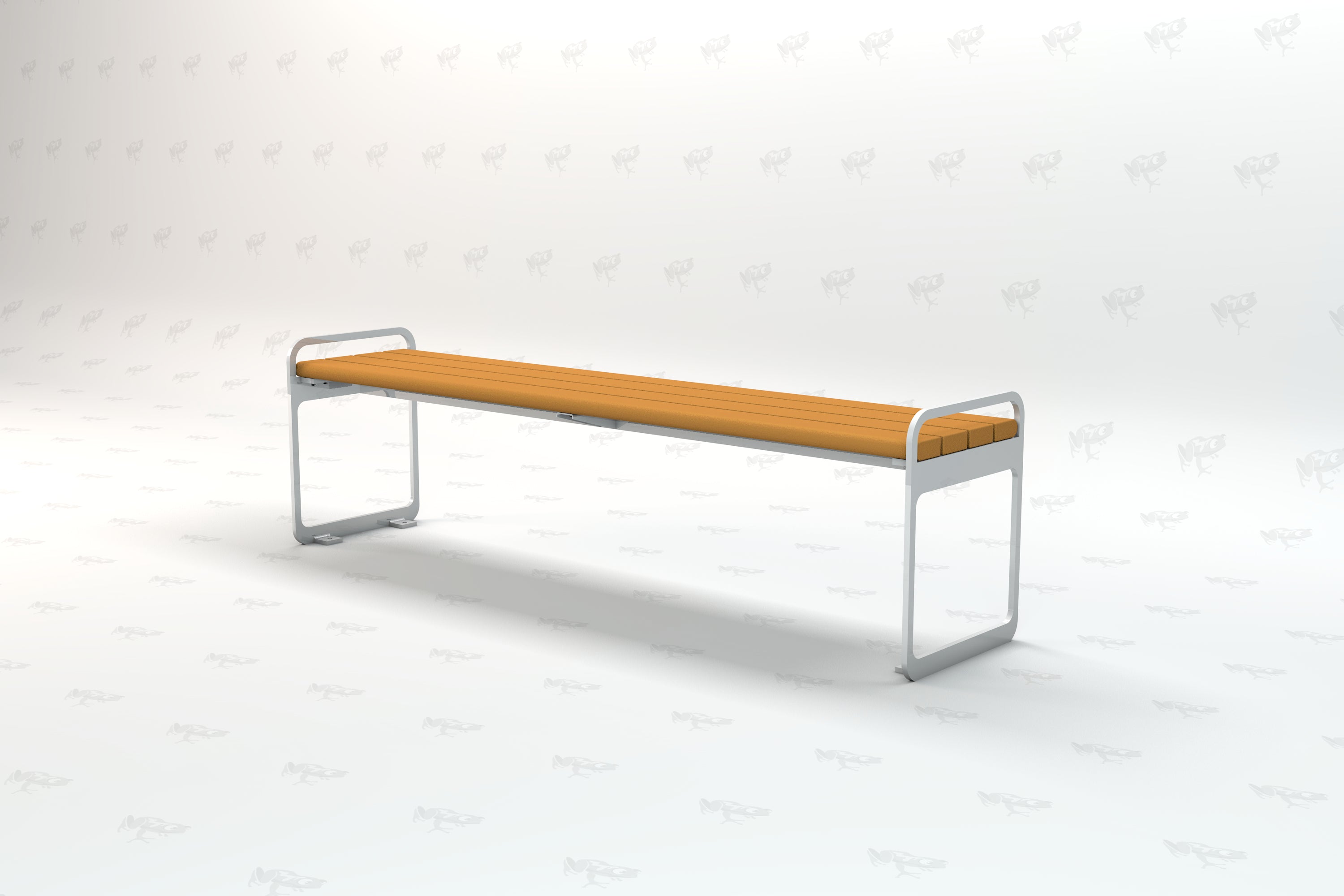 Backless outdoor bench with orange recycled plastic slats and silver metal frame, modern minimalist design