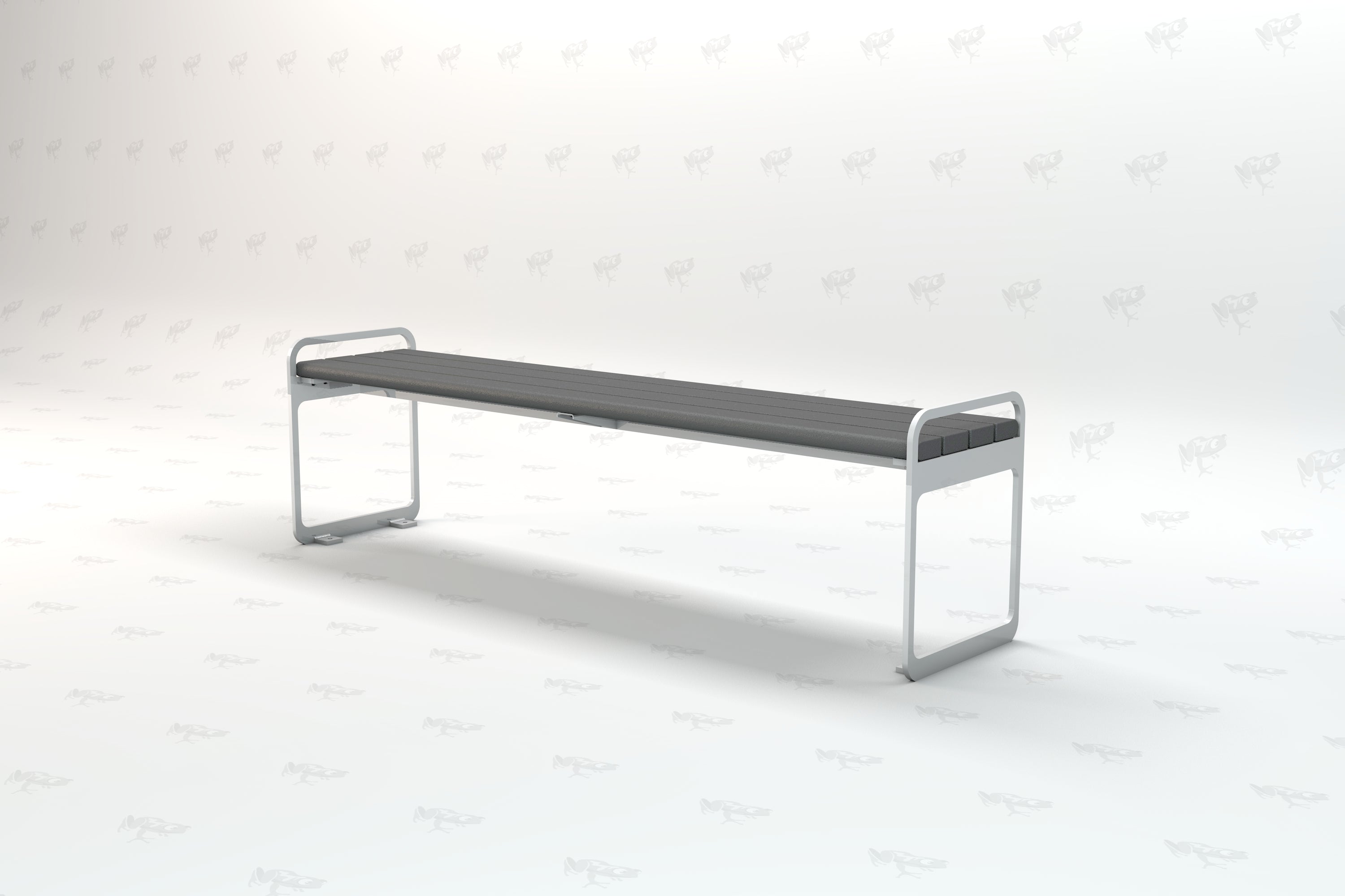 Backless gray park bench with recycled plastic slats and metal frame, modern minimalist outdoor seating