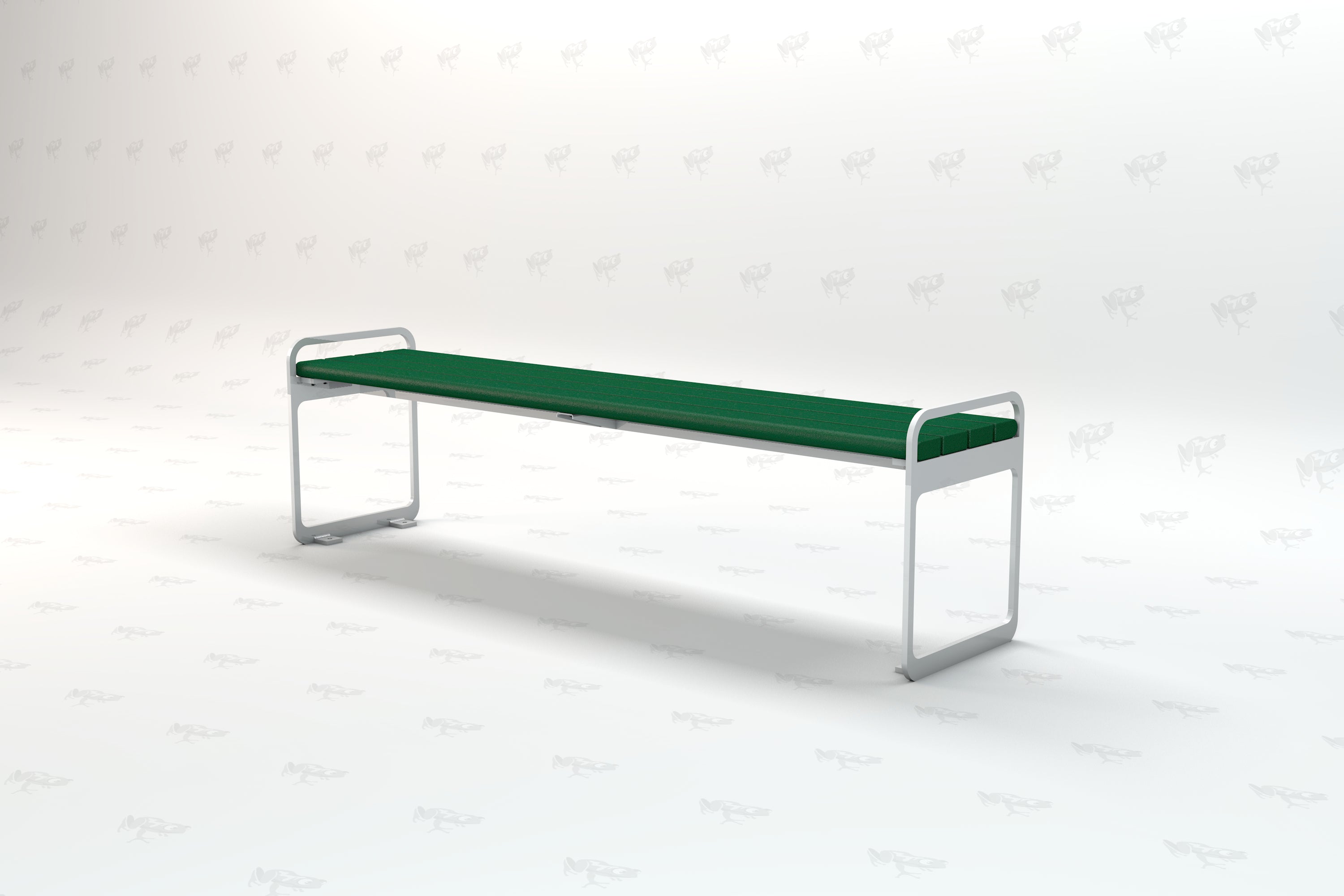Backless green recycled plastic park bench with silver metal legs, modern minimalist outdoor seating design