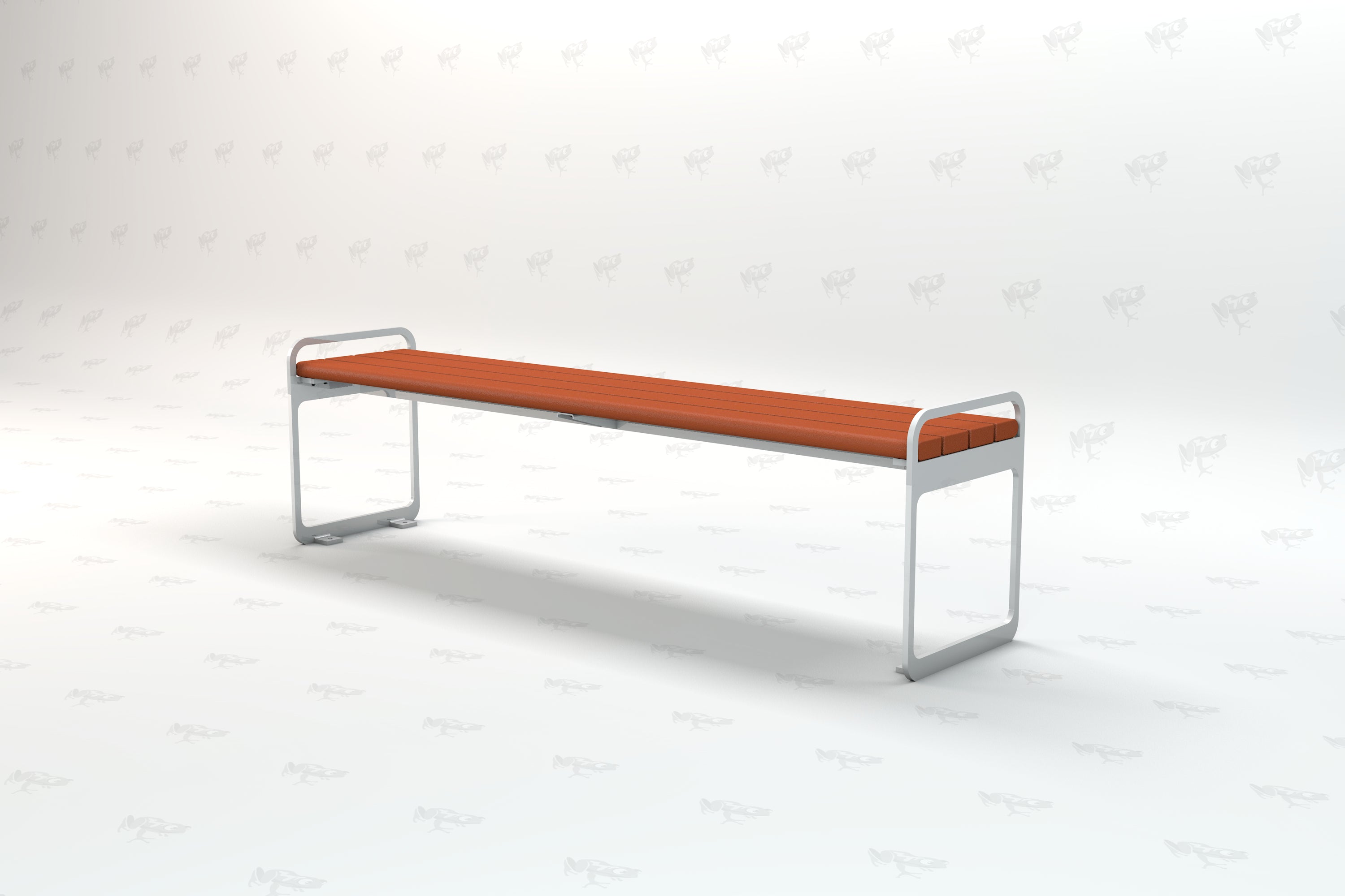 Backless outdoor bench with brown recycled plastic slats and silver metal frame, modern minimalist design