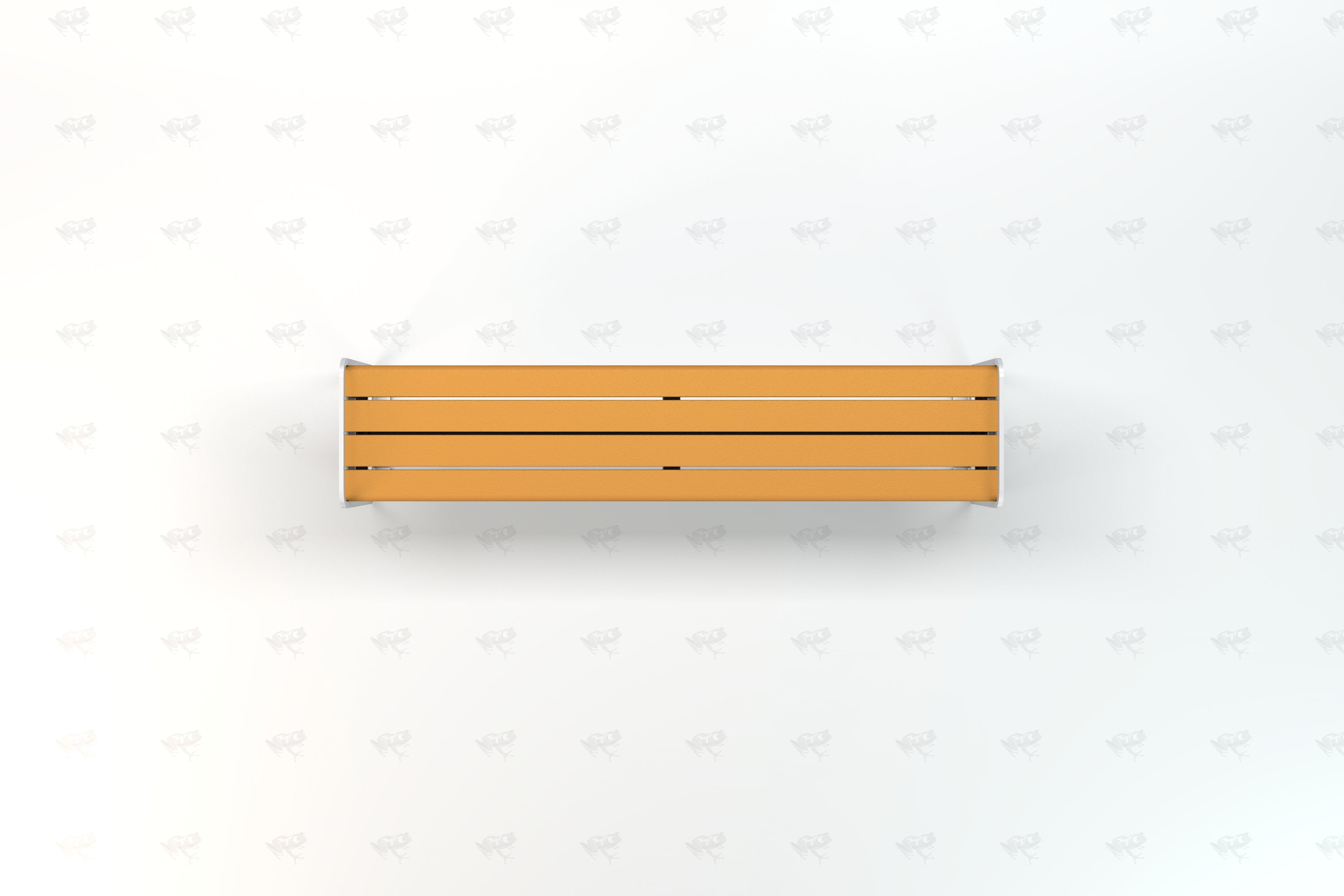 Overhead view of a backless park bench with orange recycled plastic slats and silver metal supports