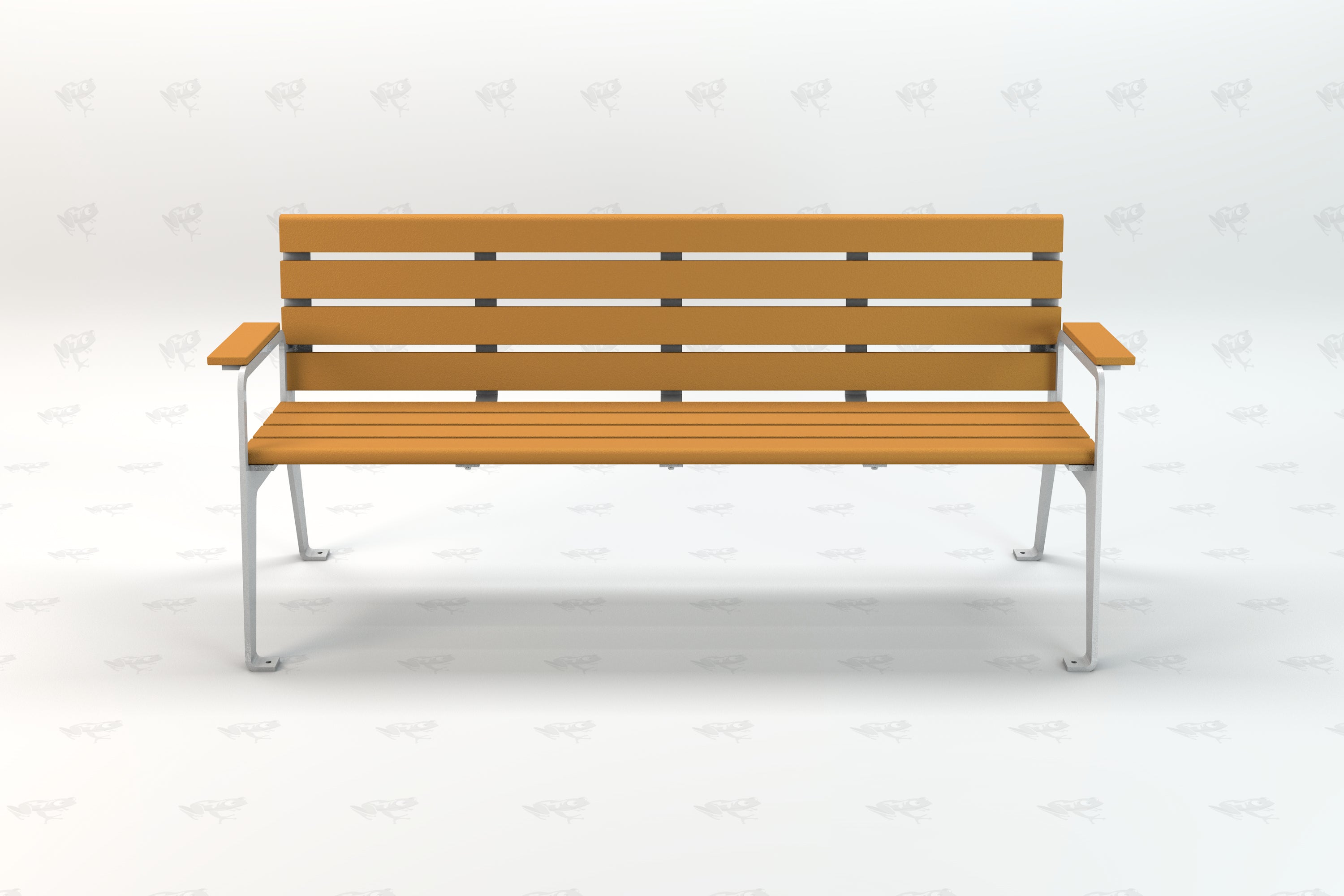 Six-foot recycled plastic park bench with cedar-colored slats and silver metal frame and armrests, durable outdoor seating