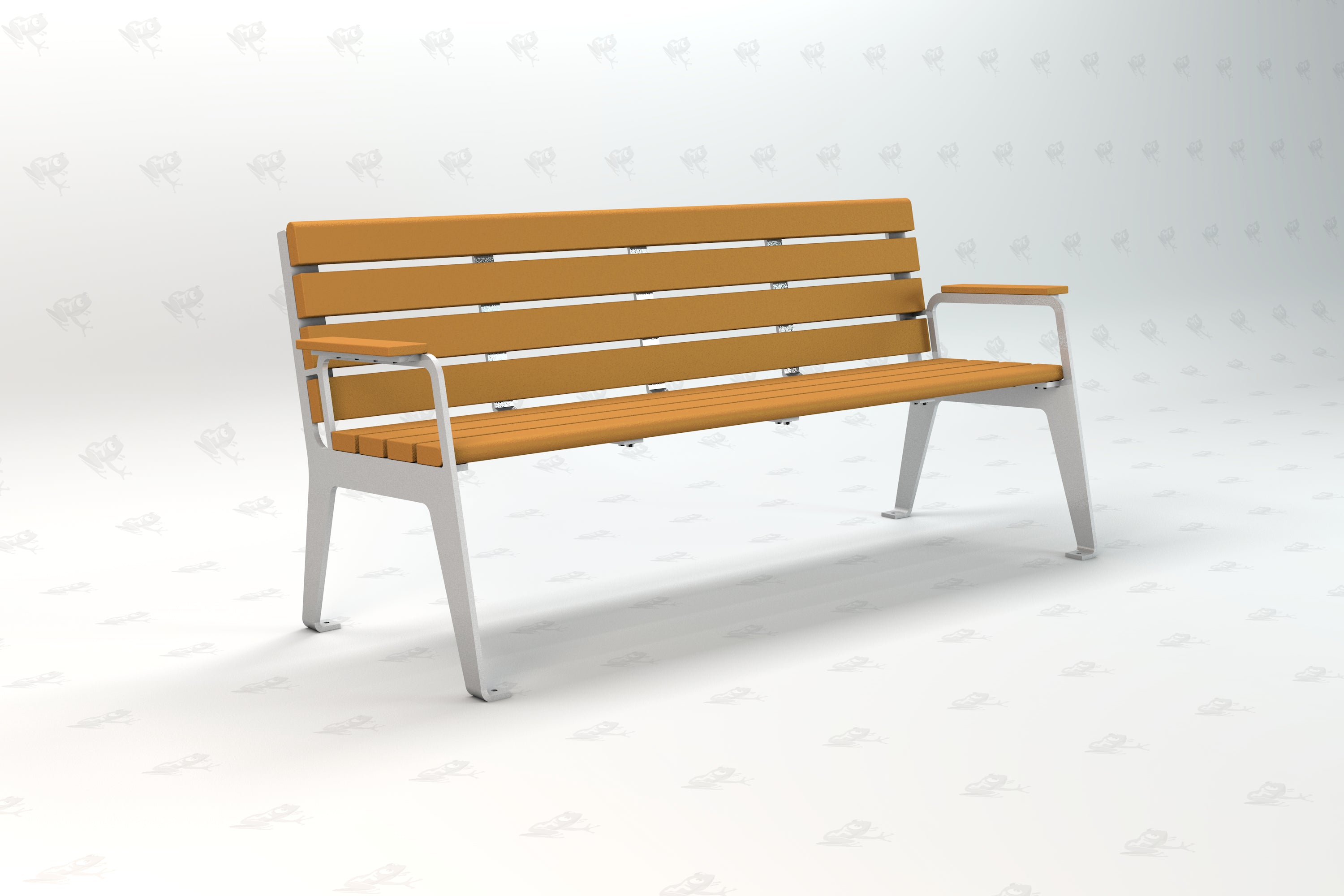 Outdoor park bench with orange recycled plastic slats, gray metal frame, and armrests on both sides.