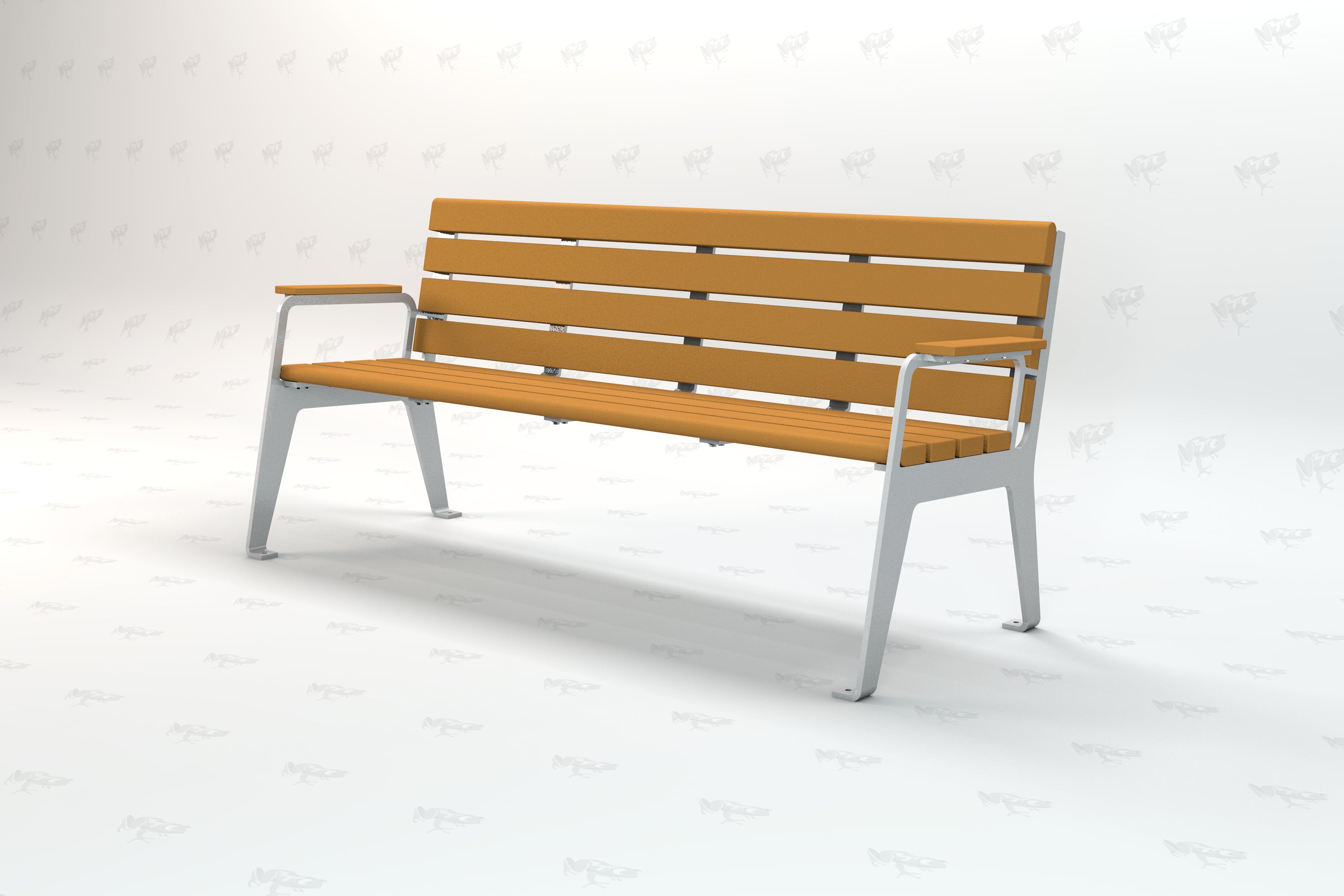Outdoor recycled plastic park bench with orange slats, silver metal frame, armrests, and backrest.