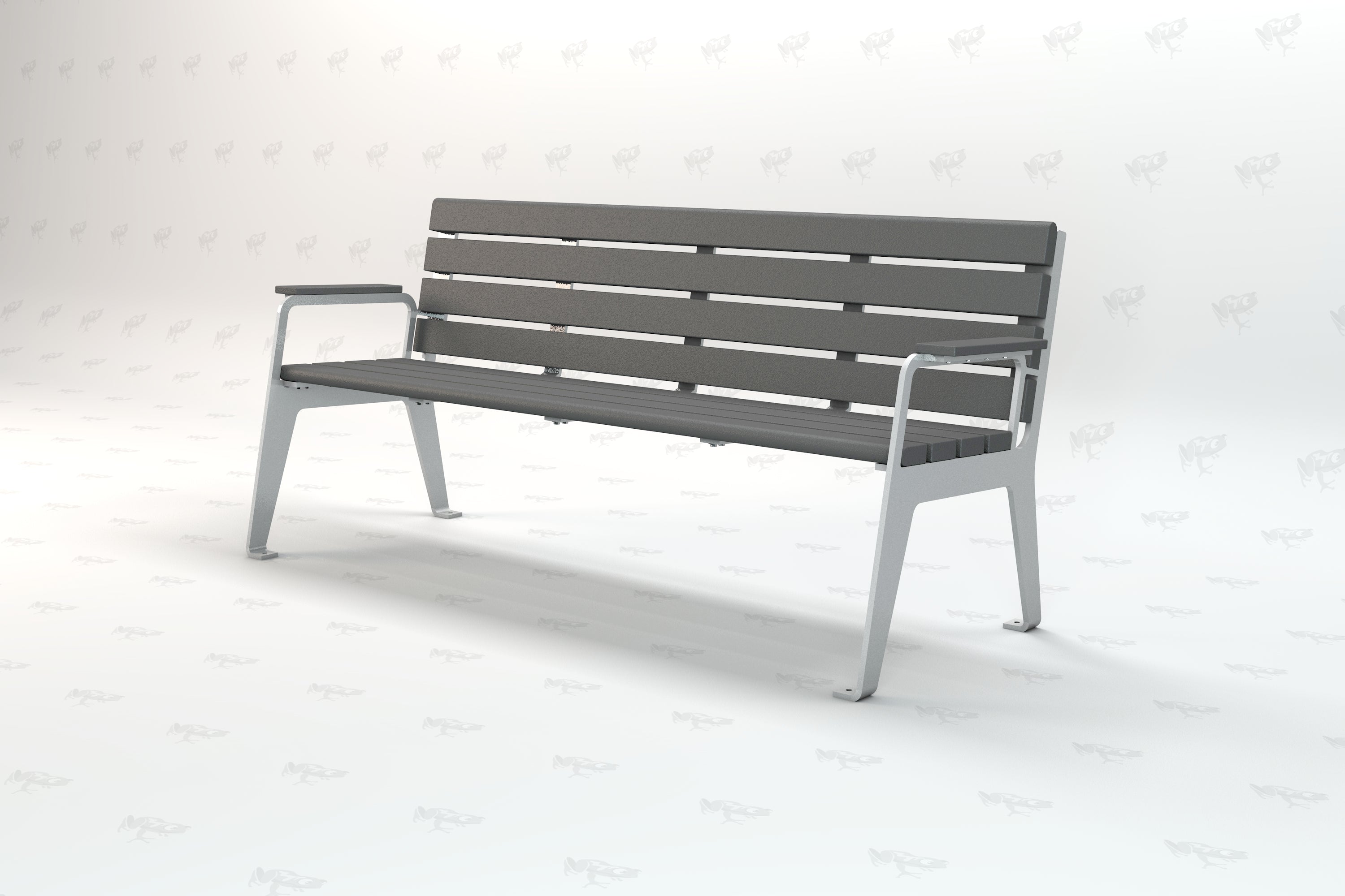 Gray recycled plastic outdoor park bench with metal frame and armrests, designed for durability and eco-friendly seating.