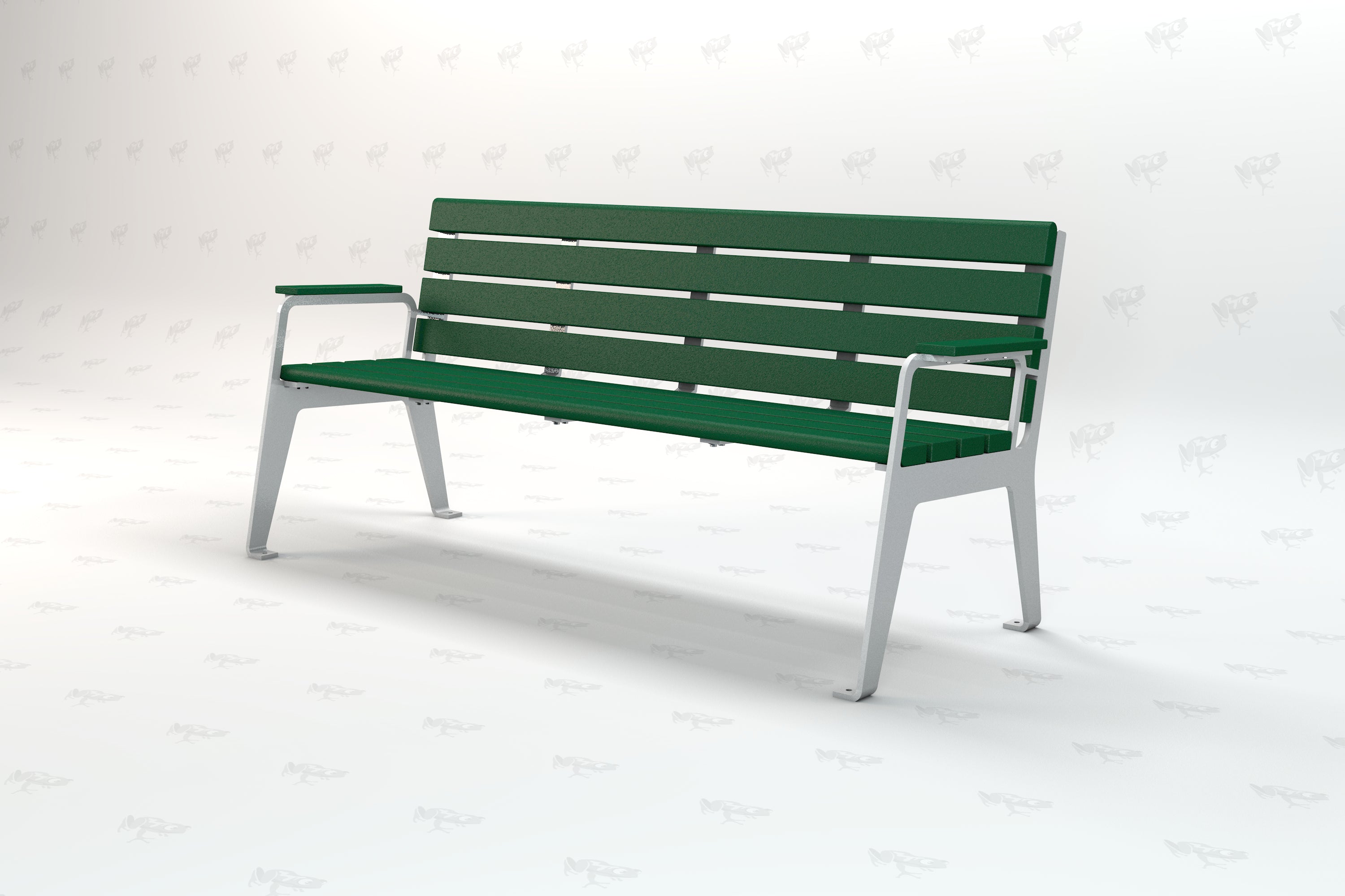 Green recycled plastic park bench with silver metal frame and armrests, angled side view