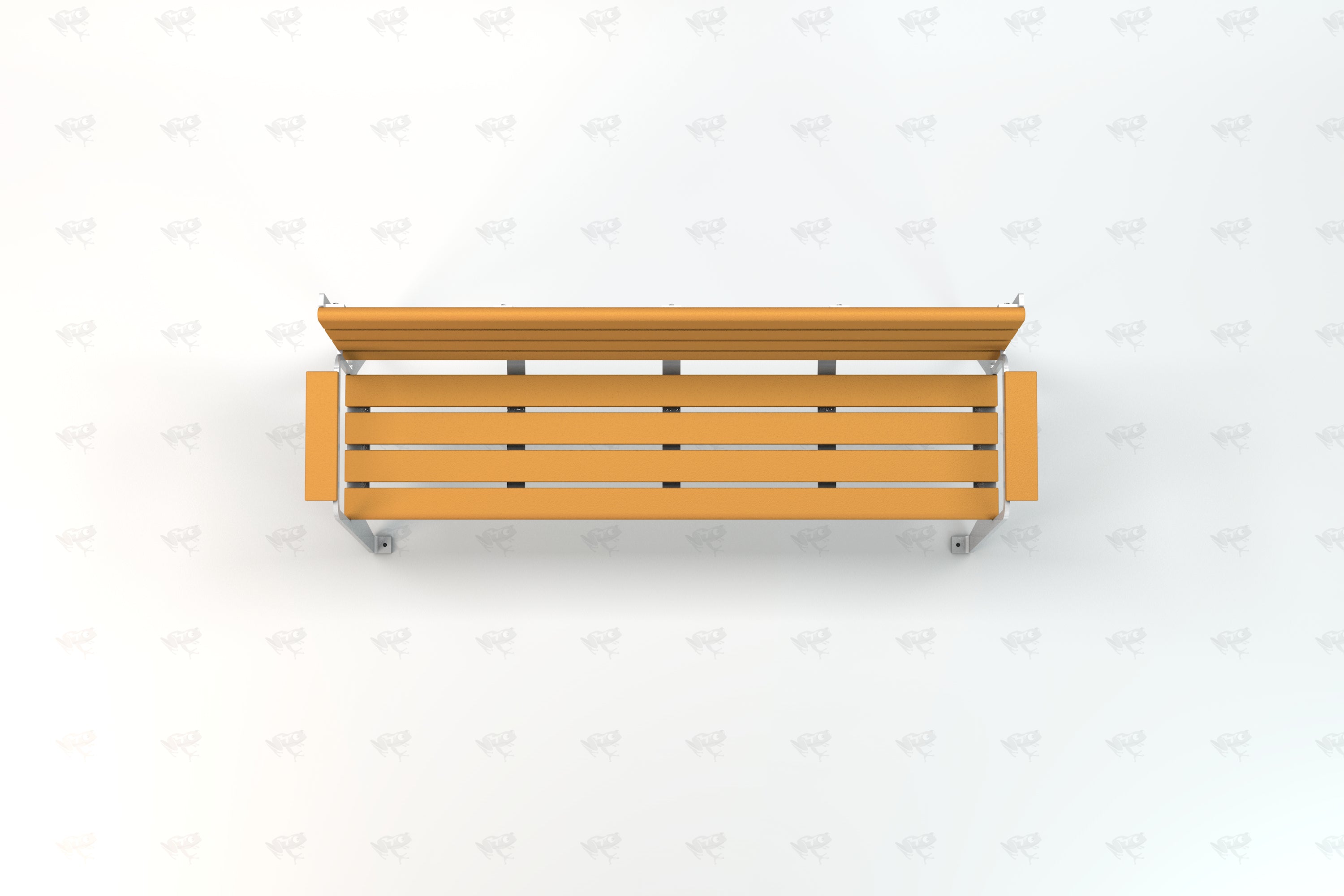 Overhead view of a modern orange recycled plastic park bench with metal supports and armrests