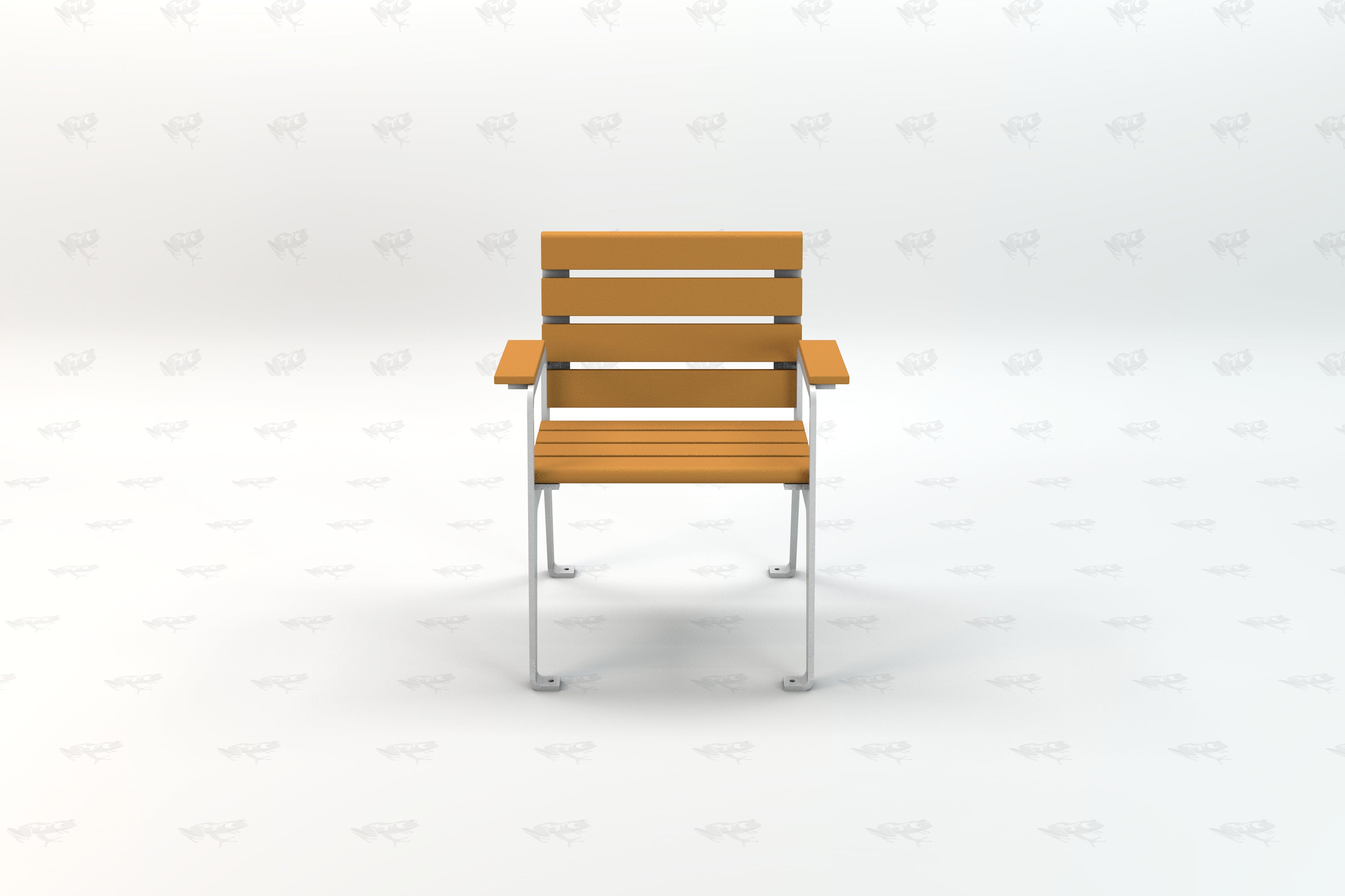 Outdoor chair with horizontal wooden slats, metal frame, armrests, and warm brown finish, eco-friendly recycled materials.