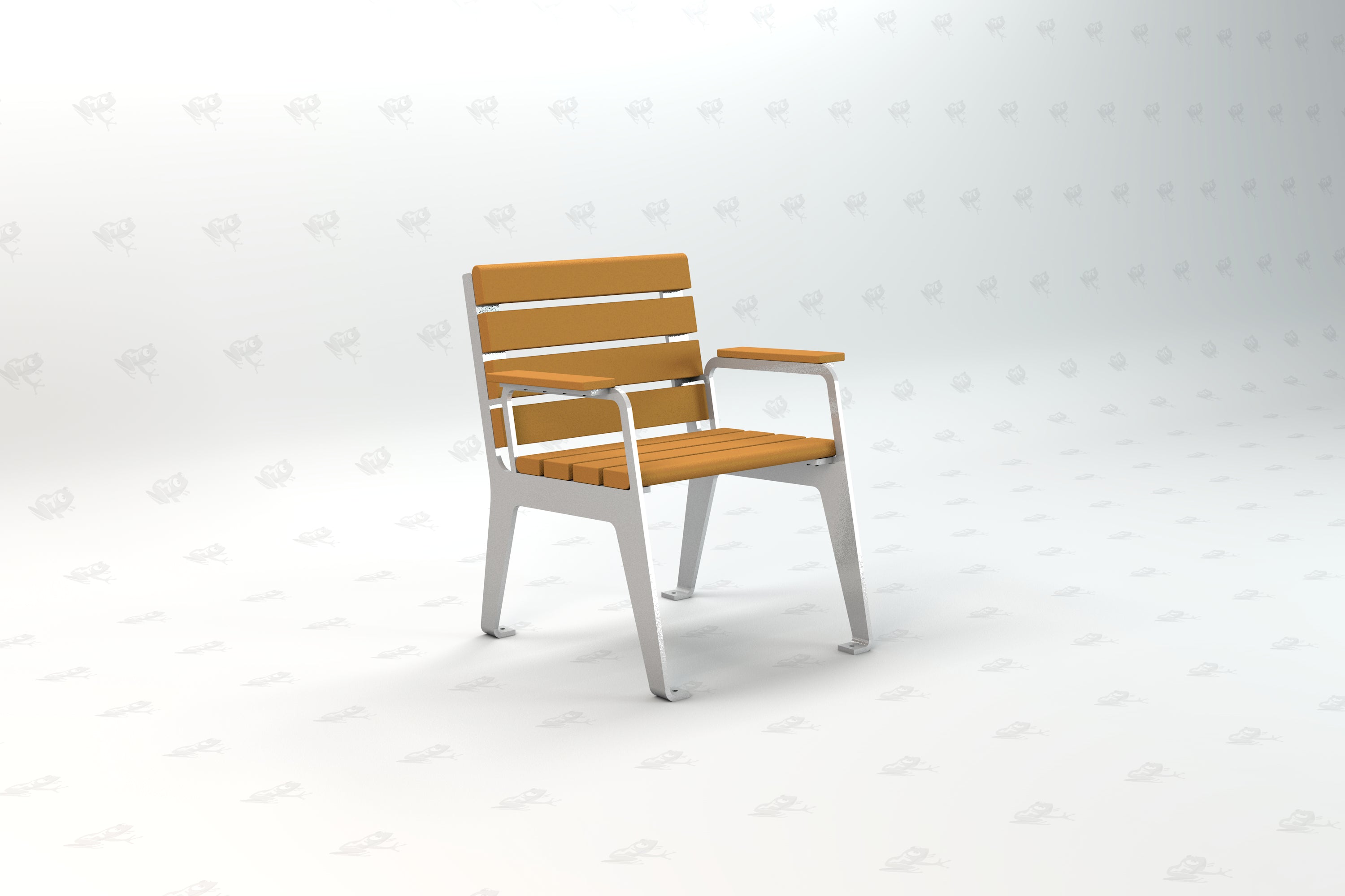 Outdoor chair with orange recycled plastic slats and silver metal frame, angled view