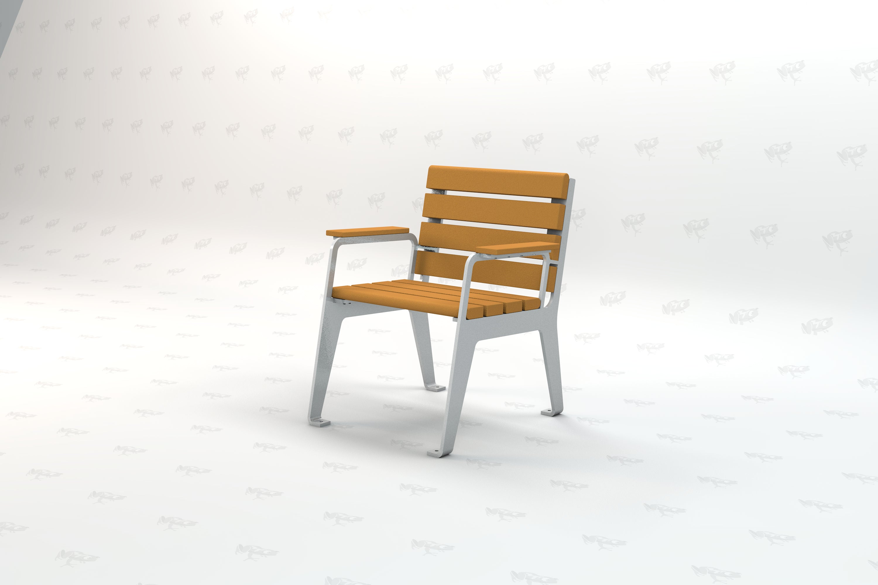Outdoor park chair with cedar-colored recycled plastic slats, sturdy metal frame, and armrests for durable seating.