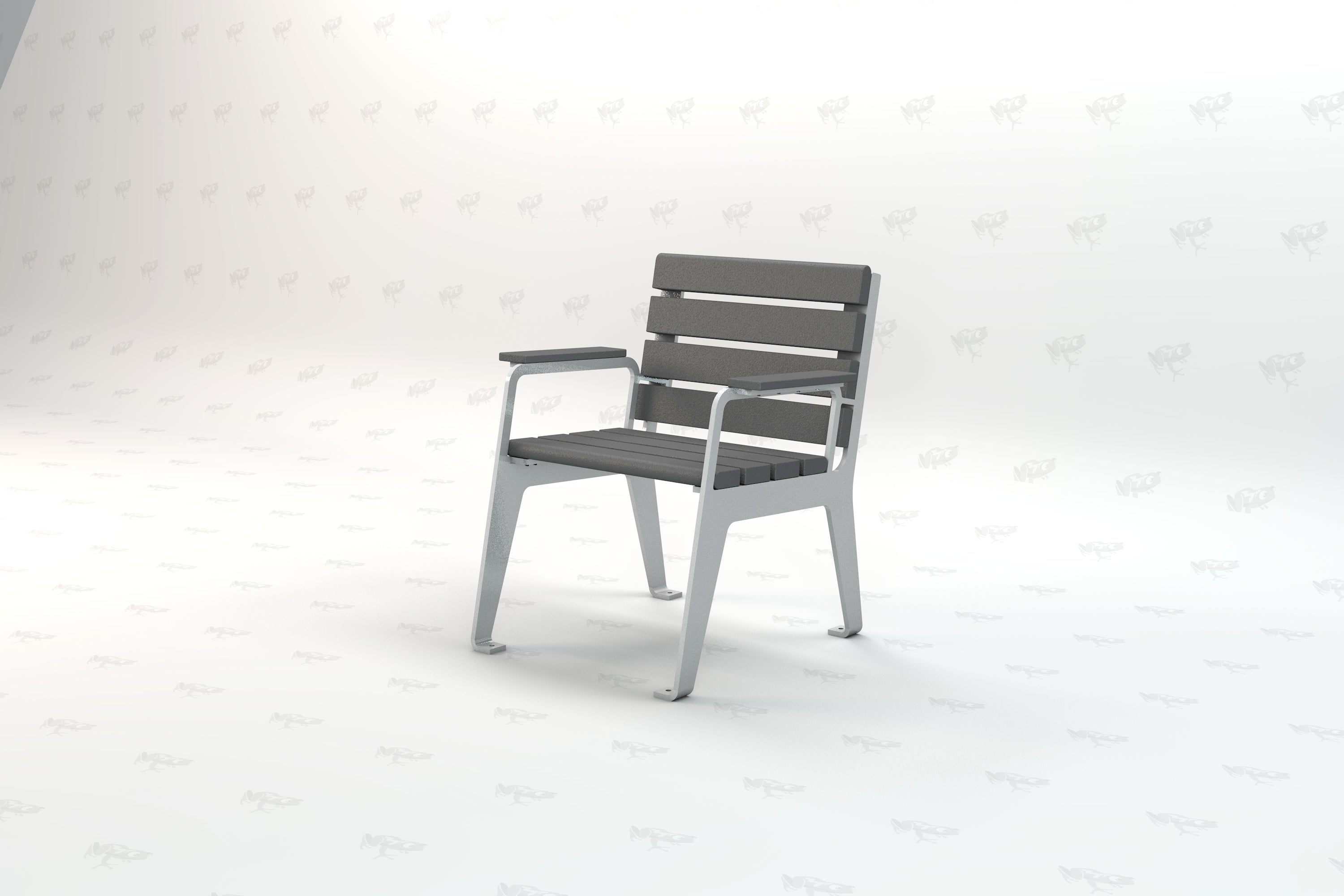 Modern outdoor park chair with gray recycled plastic slats, silver metal frame, and armrests, designed for durability and style.