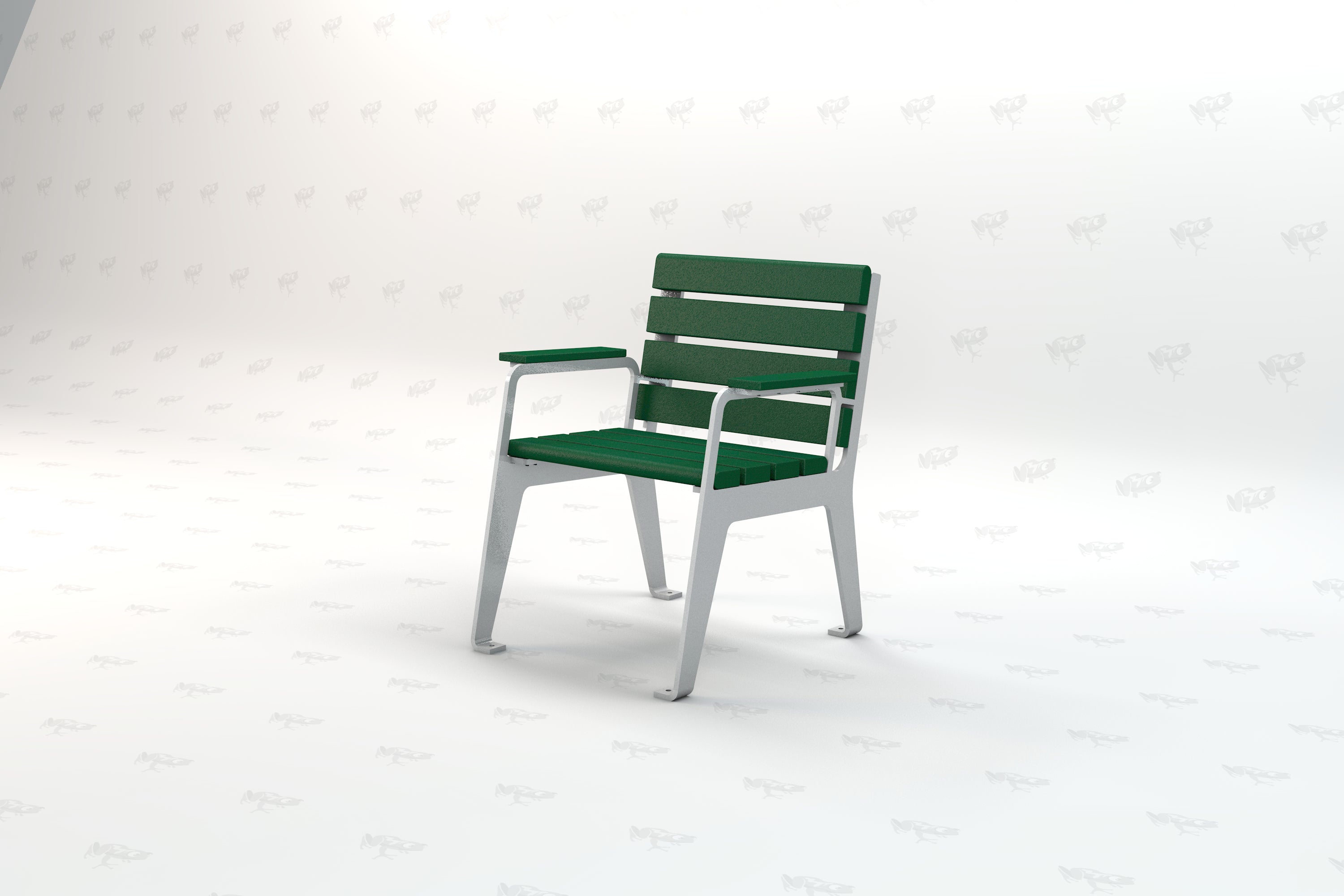 Green recycled plastic outdoor park chair with silver metal frame and armrests, angled view.