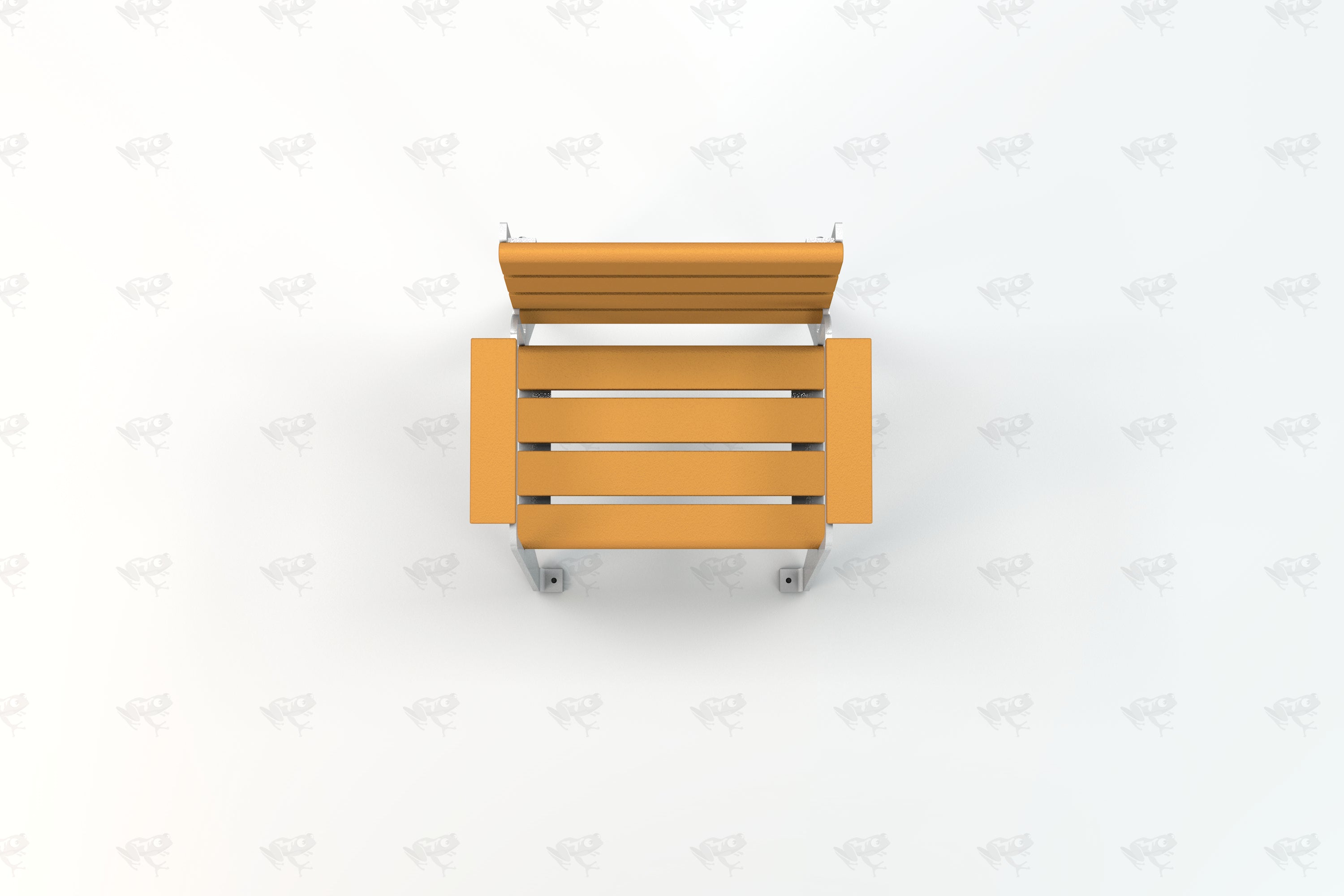 Overhead view of a recycled plastic outdoor park chair with orange slats and metal armrests, eco-friendly design.