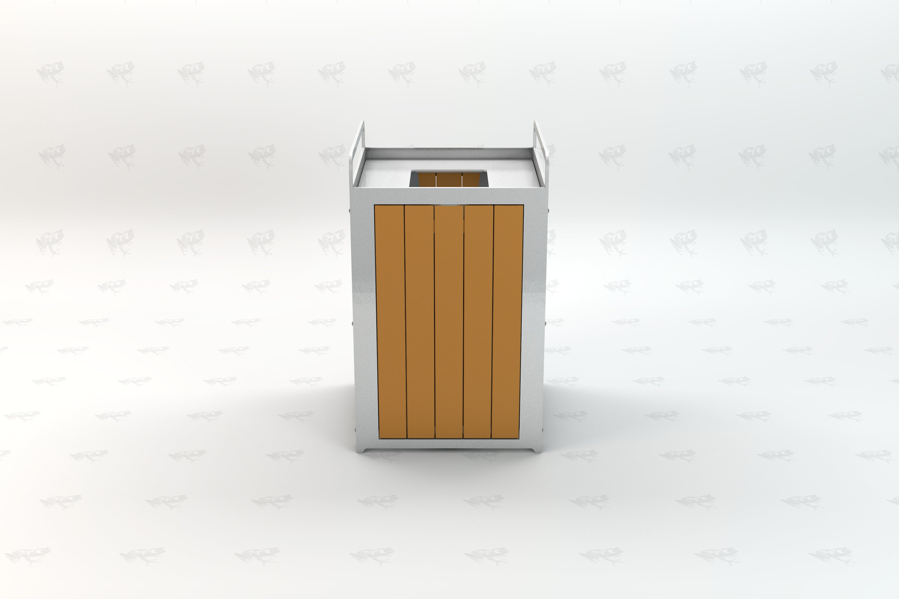 Outdoor trash receptacle with vertical brown recycled plastic panels and silver metal frame, front view