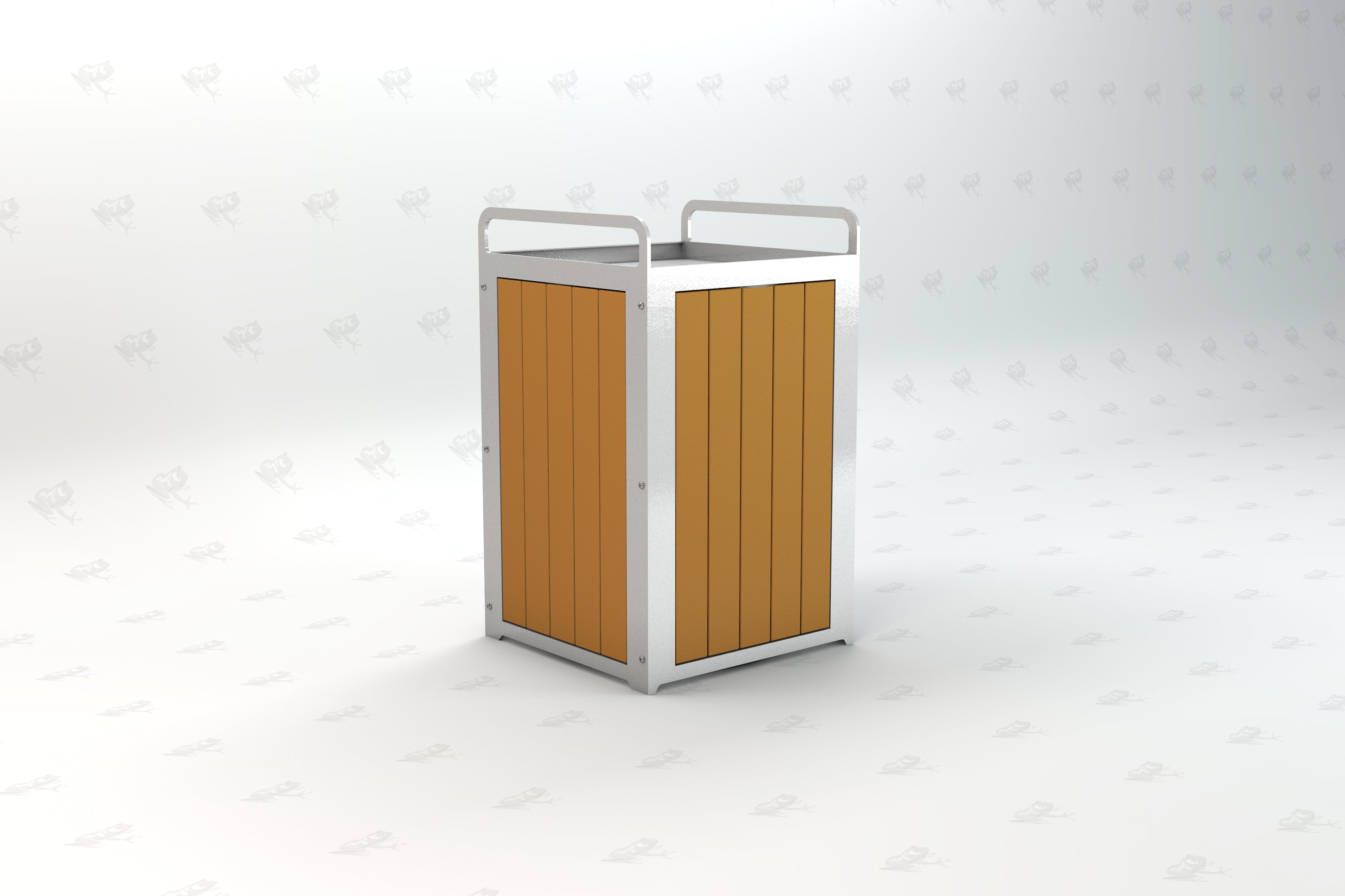 Outdoor trash receptacle with vertical wood-like recycled plastic panels and metal frame, modern sustainable design