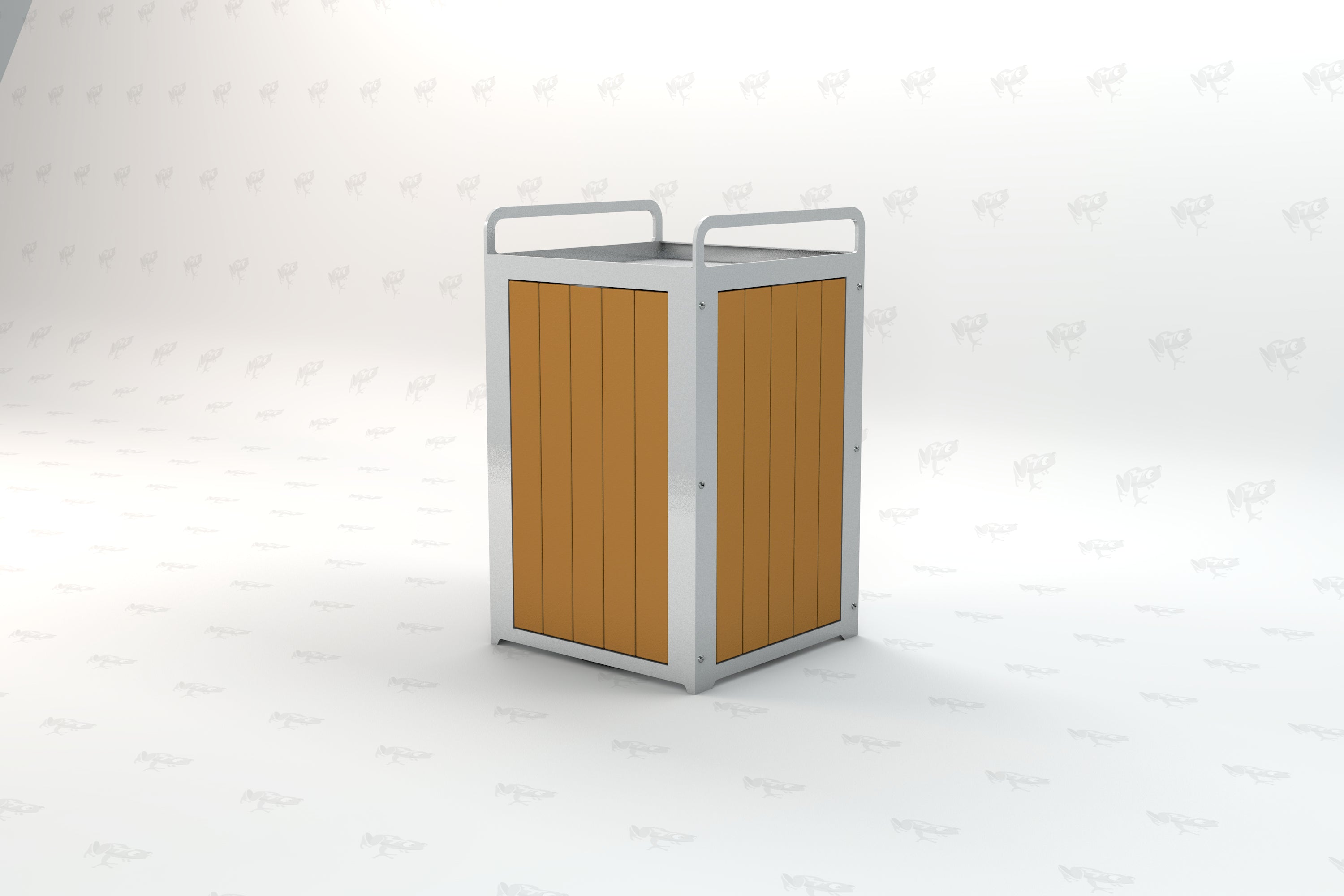 Rectangular outdoor trash receptacle with cedar-colored recycled plastic panels and silver metal frame, modern design