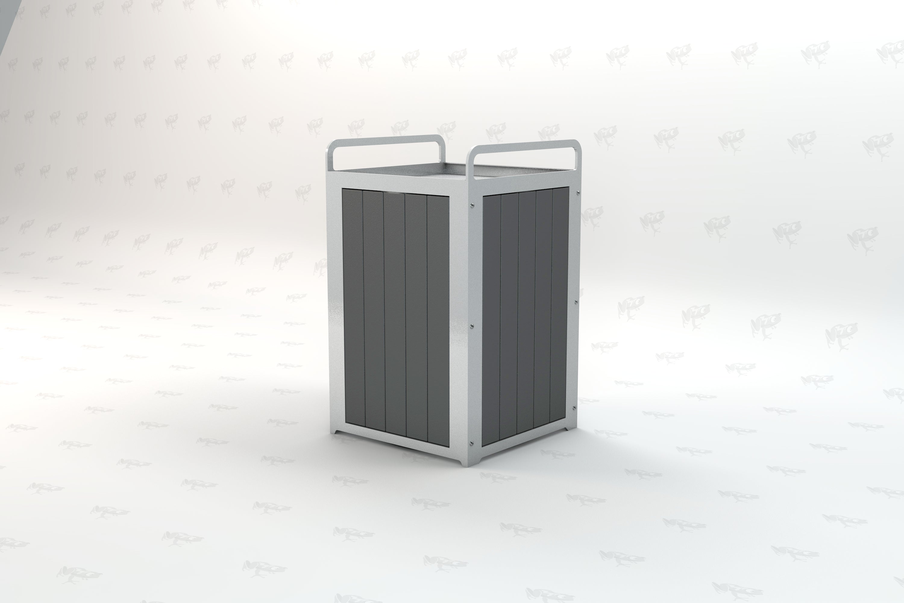 Gray outdoor trash receptacle with vertical recycled plastic panels and metal frame, modern sustainable design.