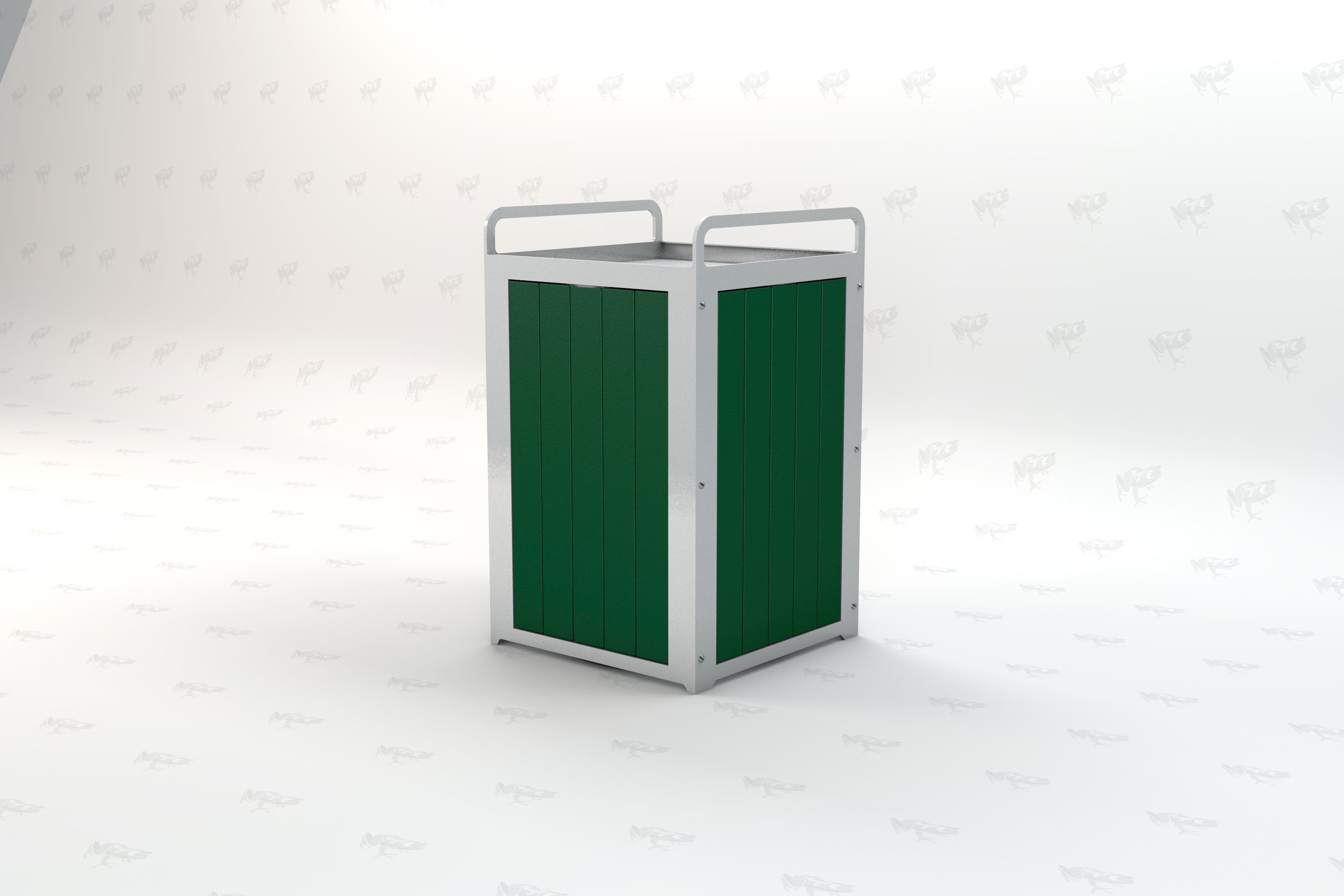 Green outdoor trash receptacle with recycled plastic slats, silver metal frame, rectangular shape, and side handles