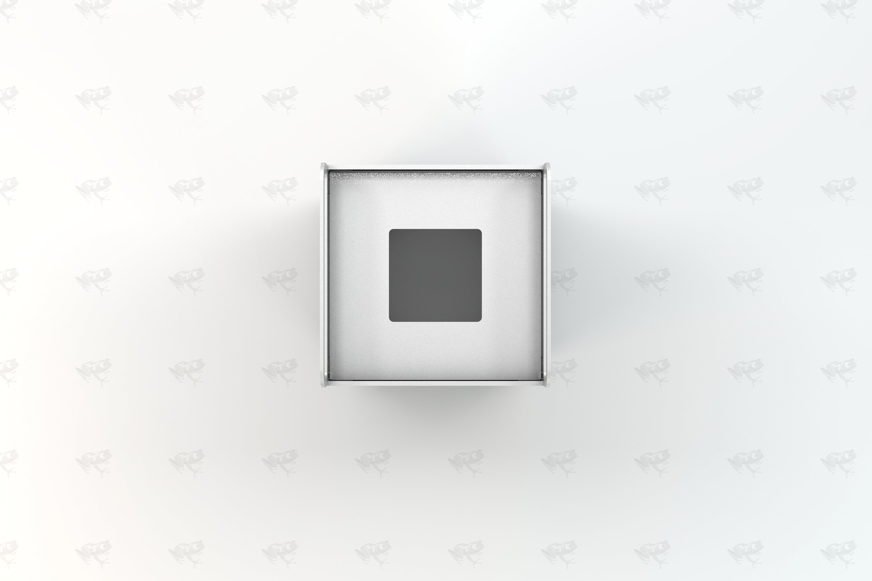 Overhead view of a square silver recycled plastic trash receptacle with a centered square opening for waste disposal
