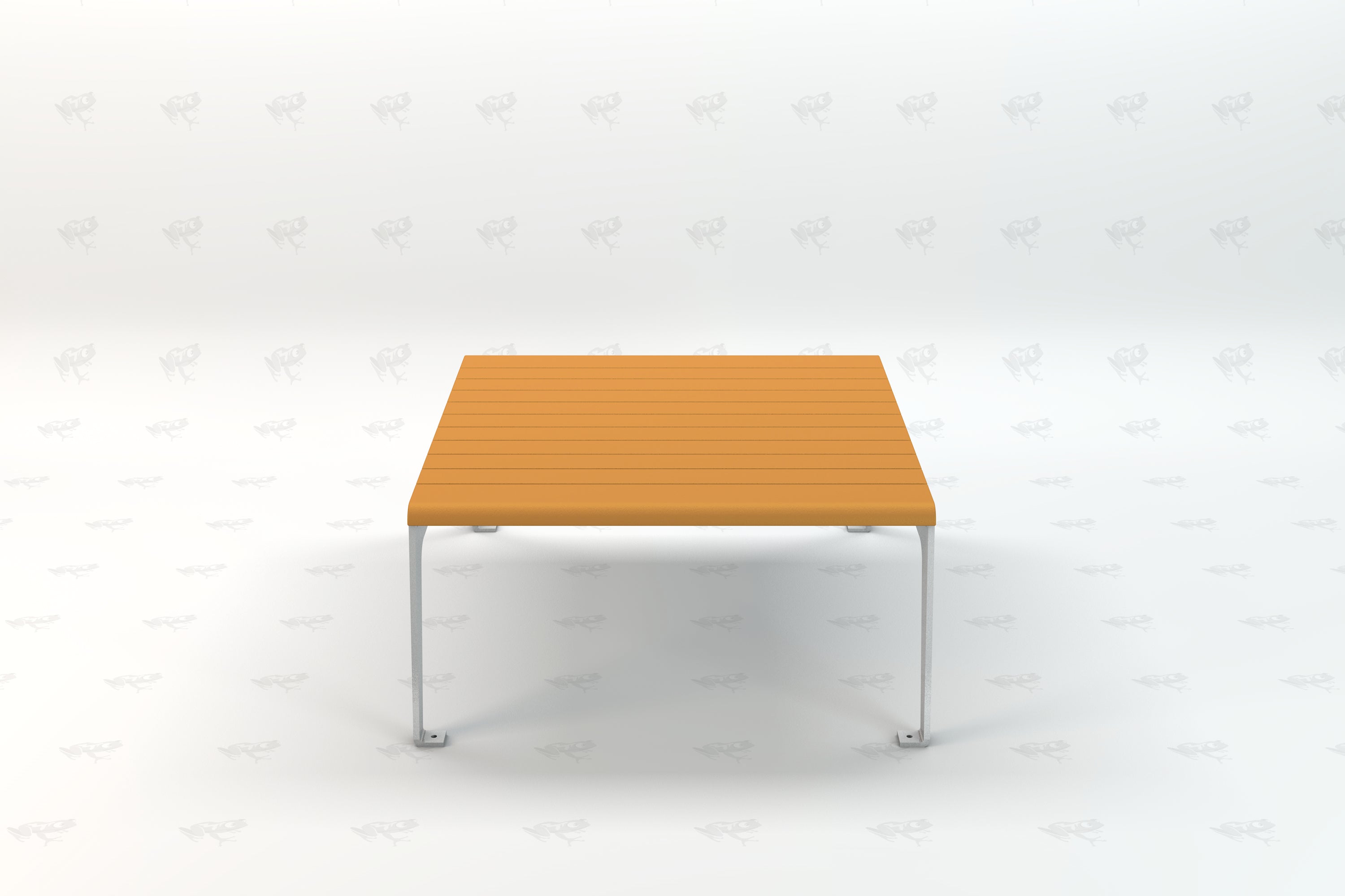 Square outdoor table with orange recycled plastic slatted top and silver metal legs, front view