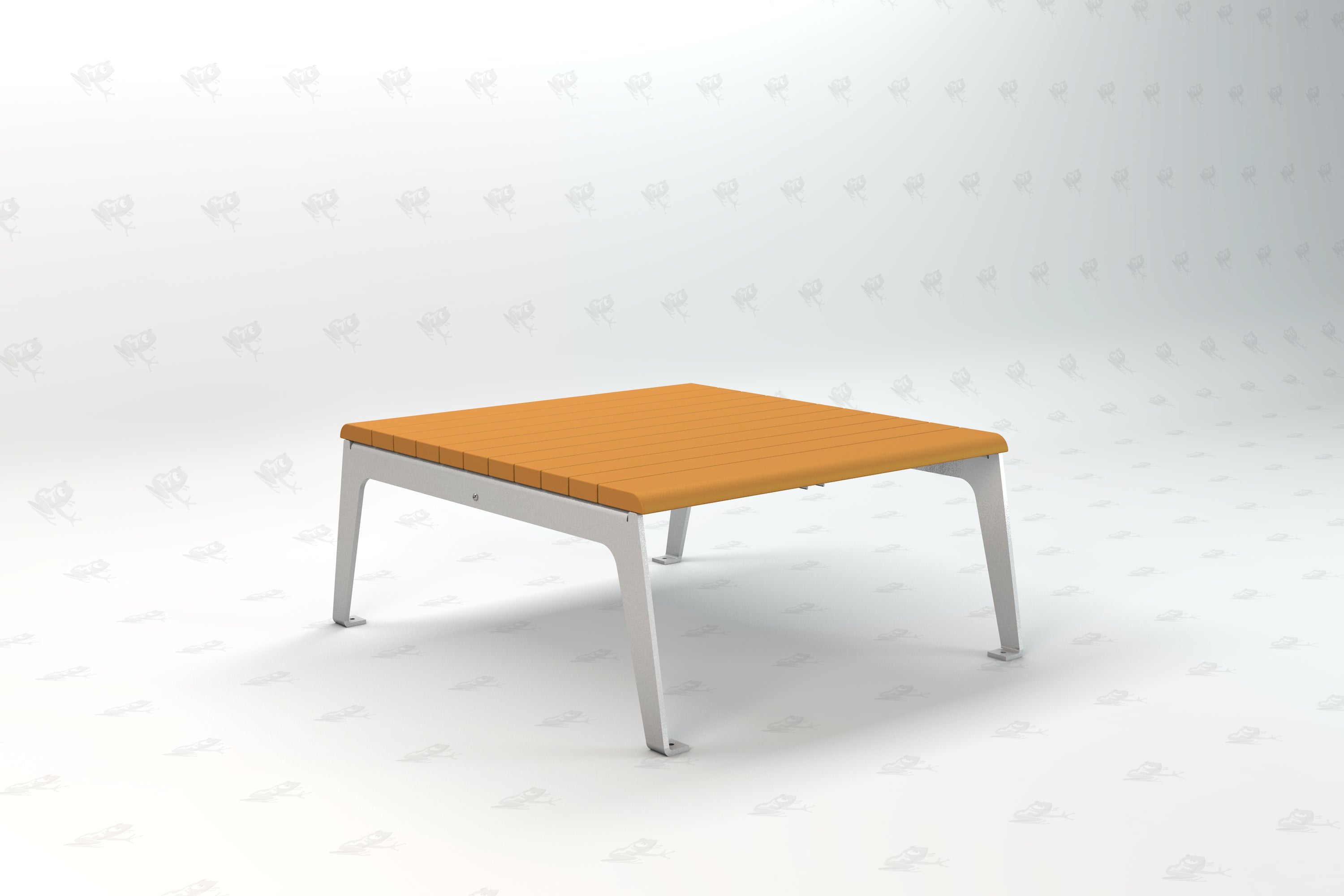 Square outdoor table with orange recycled plastic slatted top and silver metal legs, designed for durable, eco-friendly use