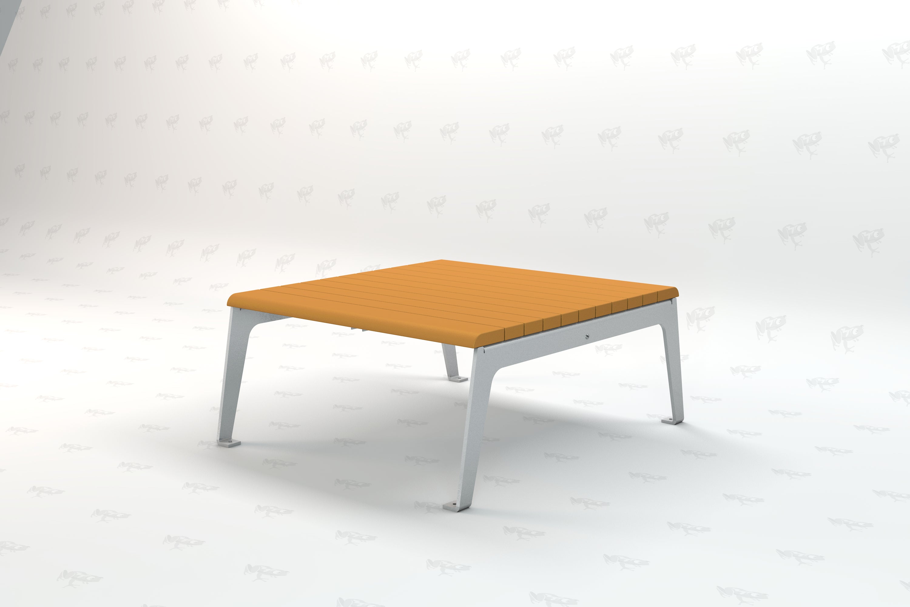 Outdoor square table with cedar-colored recycled plastic slats and silver metal legs, angled view