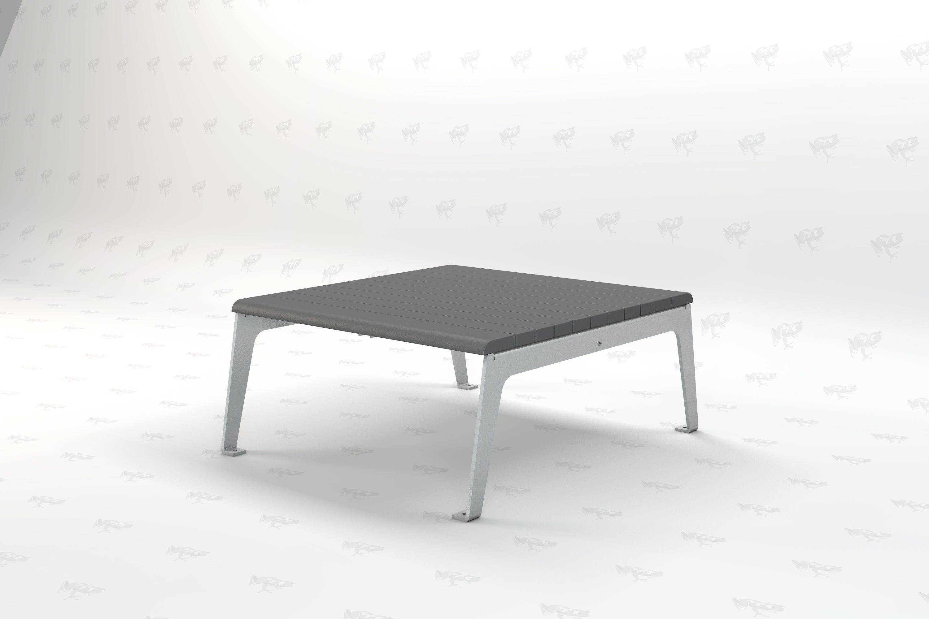 Square gray outdoor table with recycled plastic slatted top and sturdy metal legs, angled view.
