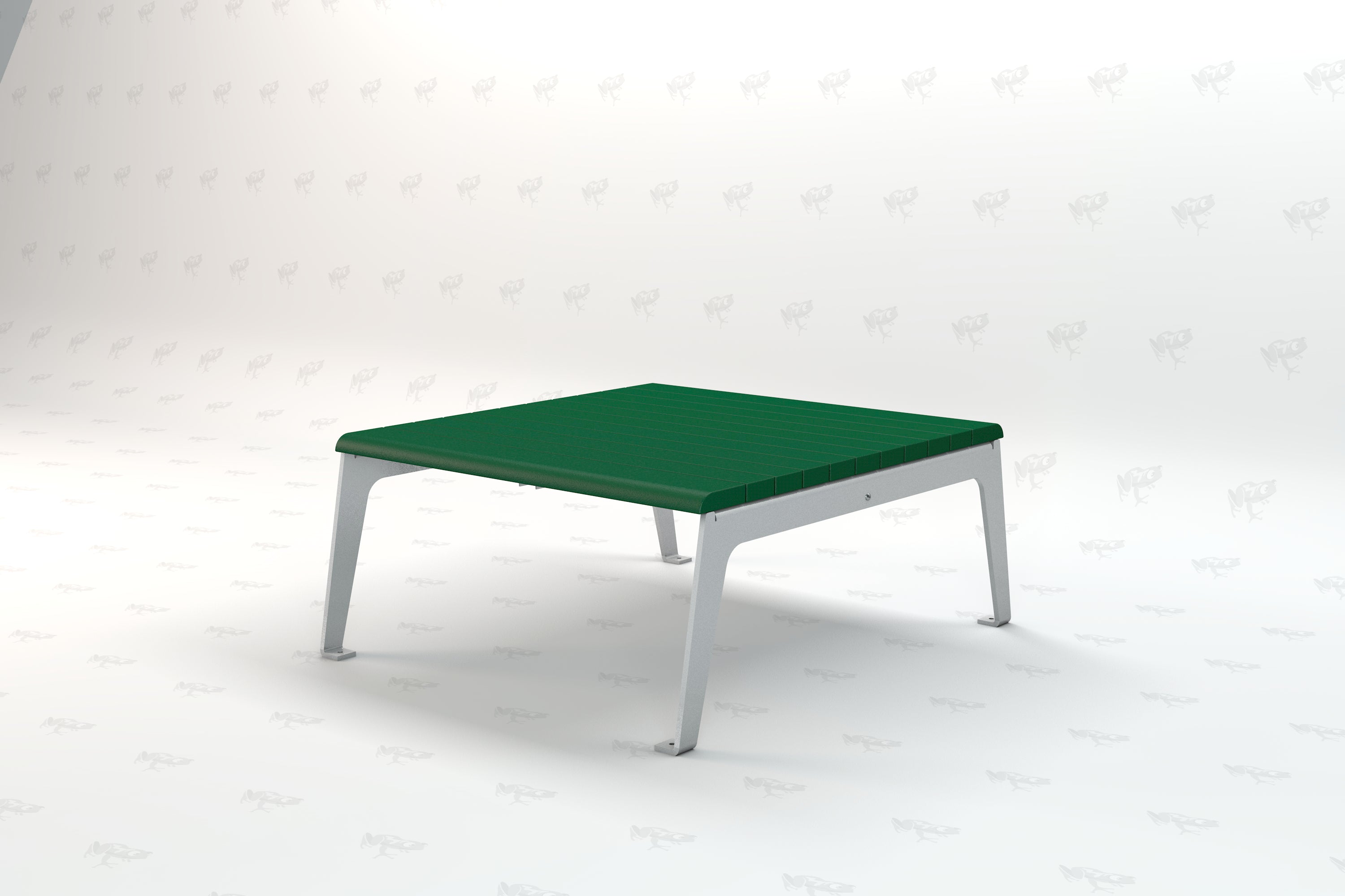 Green recycled plastic outdoor table with silver metal legs, modern design, sturdy and eco-friendly.