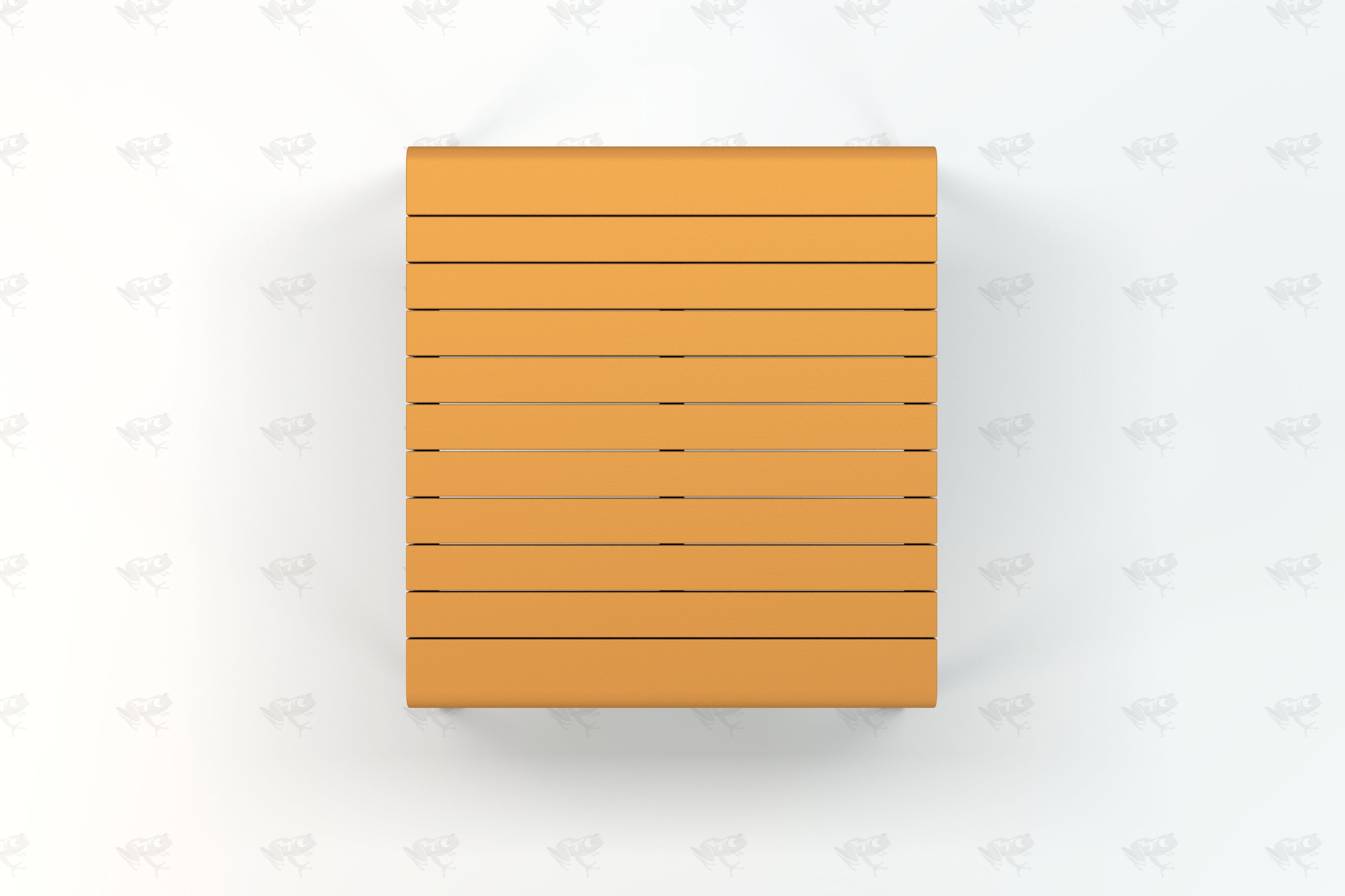 Overhead view of a square outdoor table with evenly spaced orange recycled plastic slats, eco-friendly picnic table design