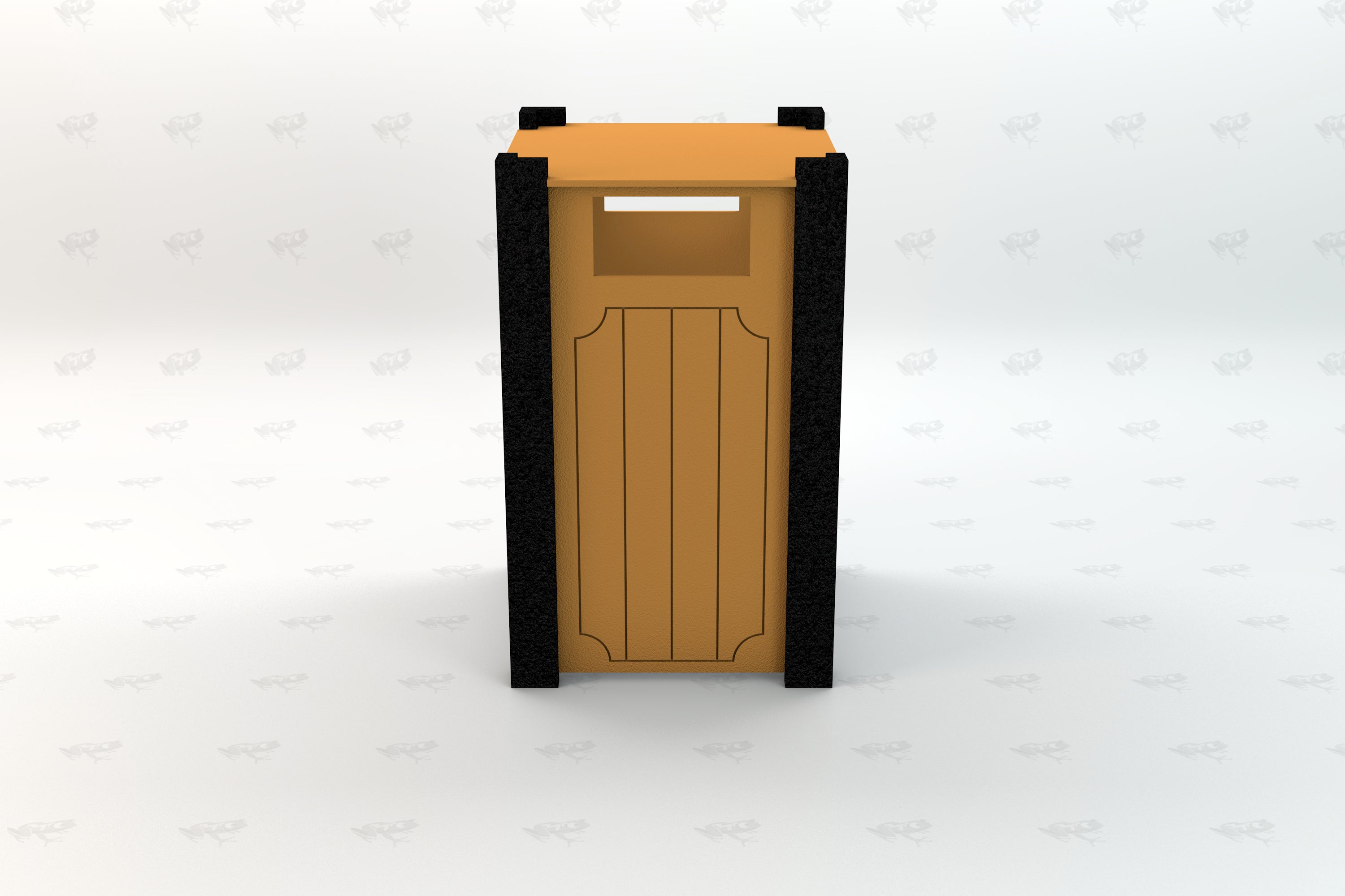 Outdoor recycled plastic trash receptacle with orange panels and black textured corner supports, front view
