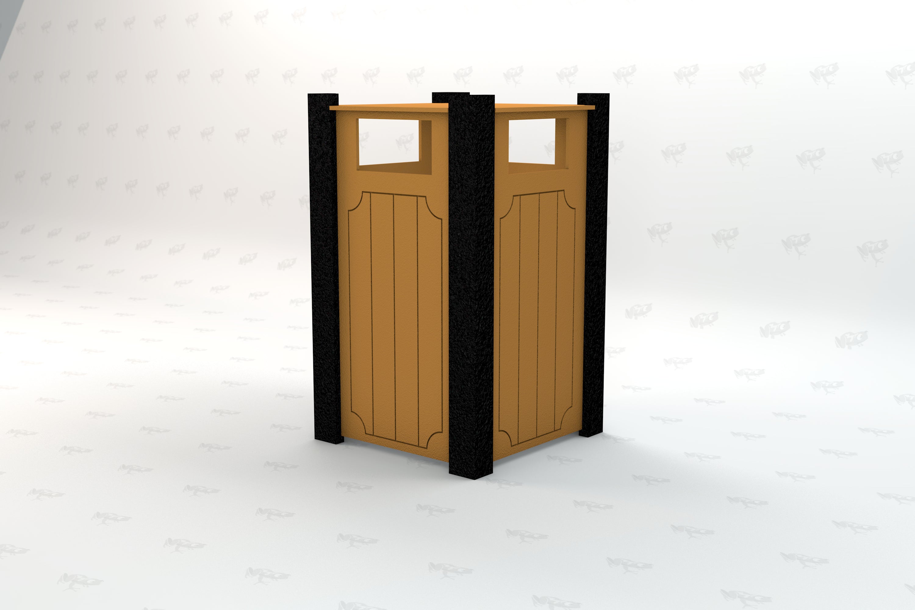 Outdoor recycled plastic trash receptacle with brown panels and black corner supports for public spaces