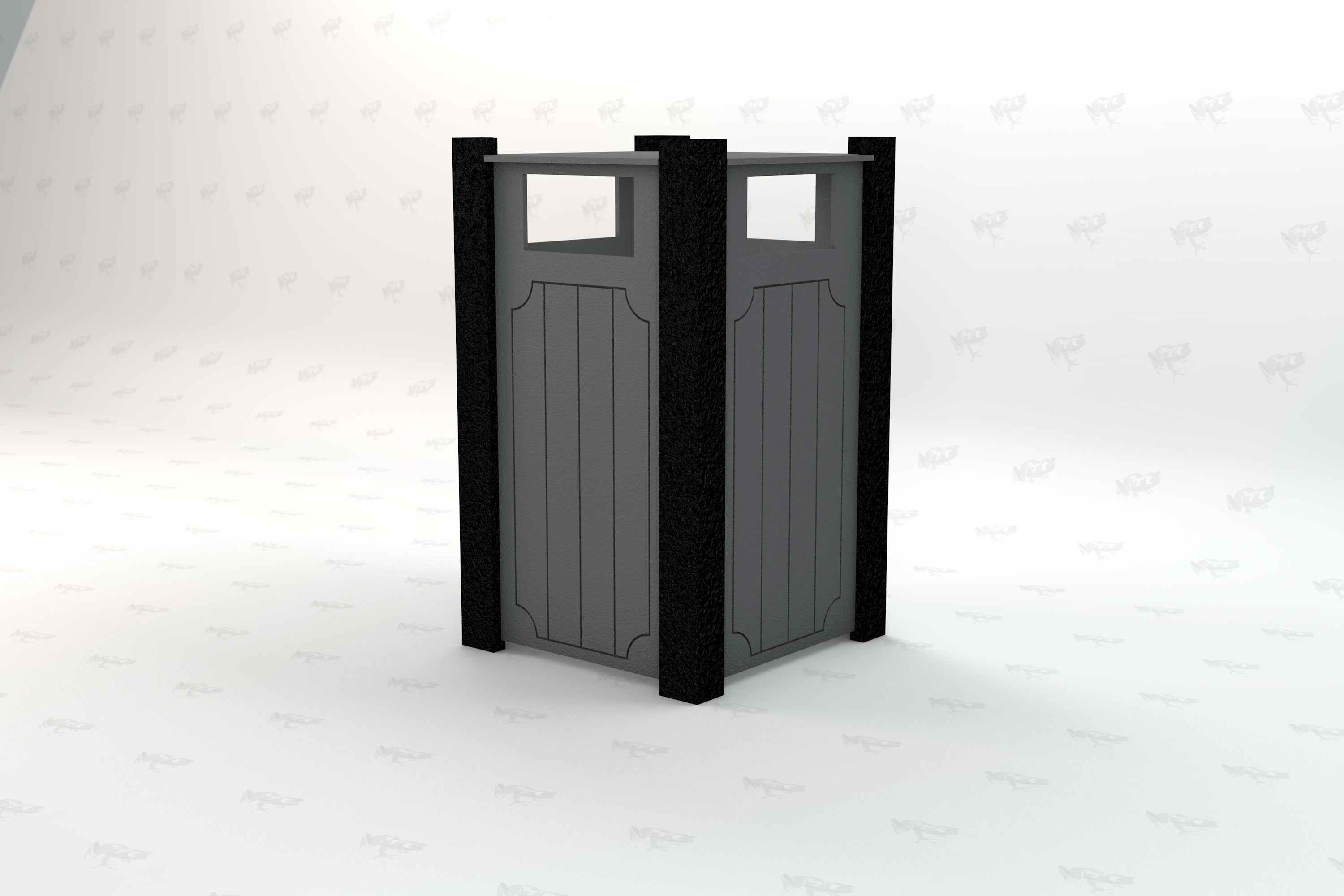 Gray outdoor trash receptacle with black corner posts and vertical panel design made from recycled plastic