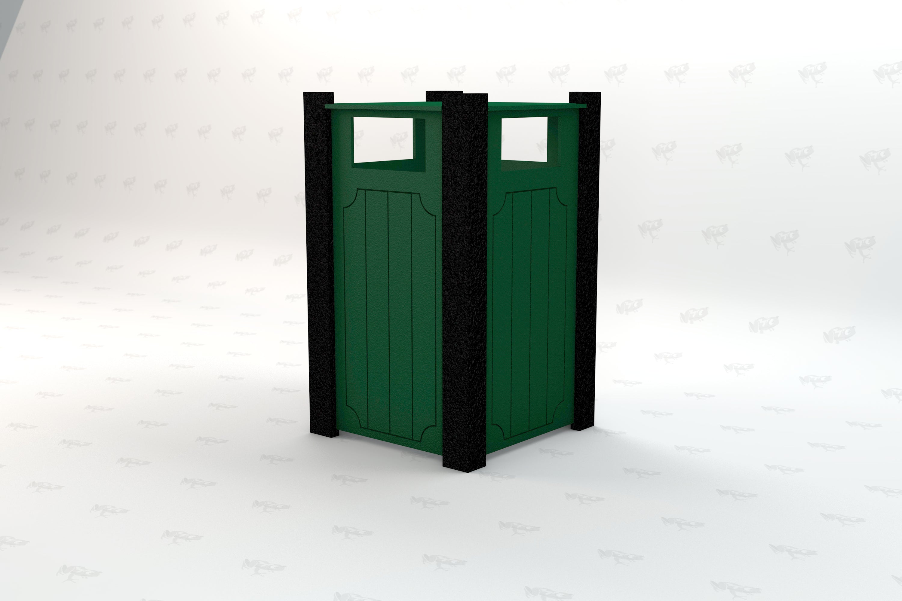 Green recycled plastic outdoor trash receptacle with black textured corner posts and open top panels