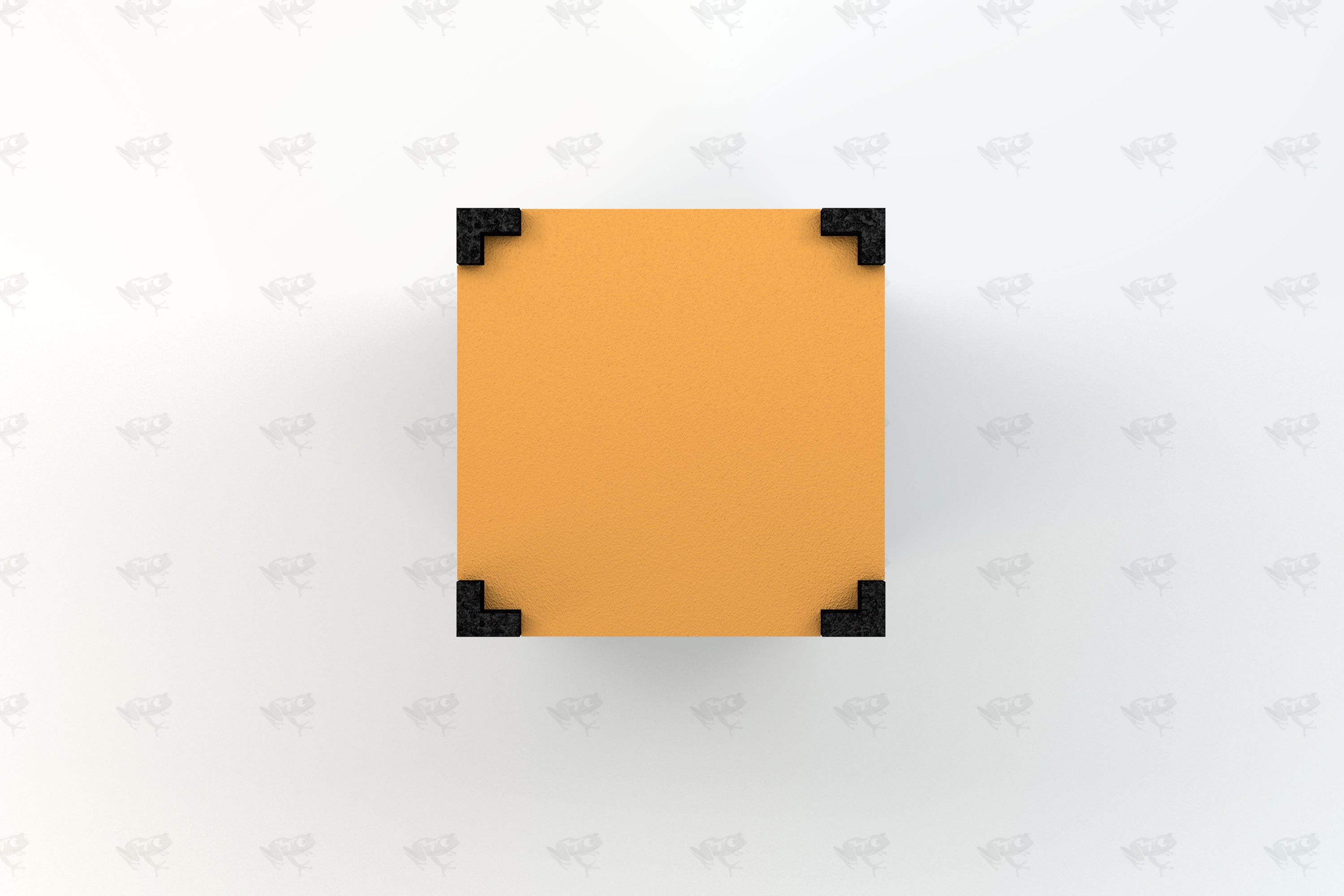 Overhead view of a square orange recycled plastic trash receptacle with black reinforced corners, designed for outdoor waste management.