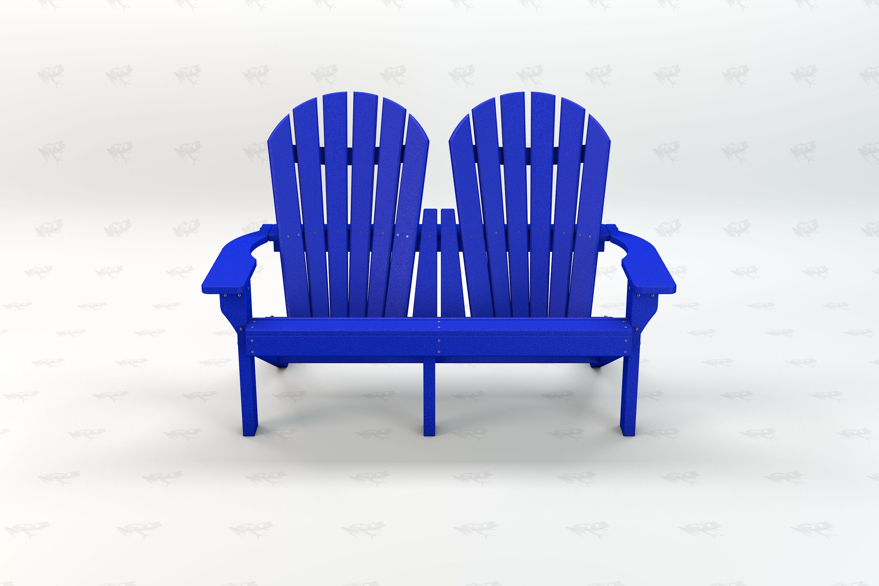 Blue recycled plastic Adirondack love seat with slatted back and armrests, designed for durable outdoor seating.