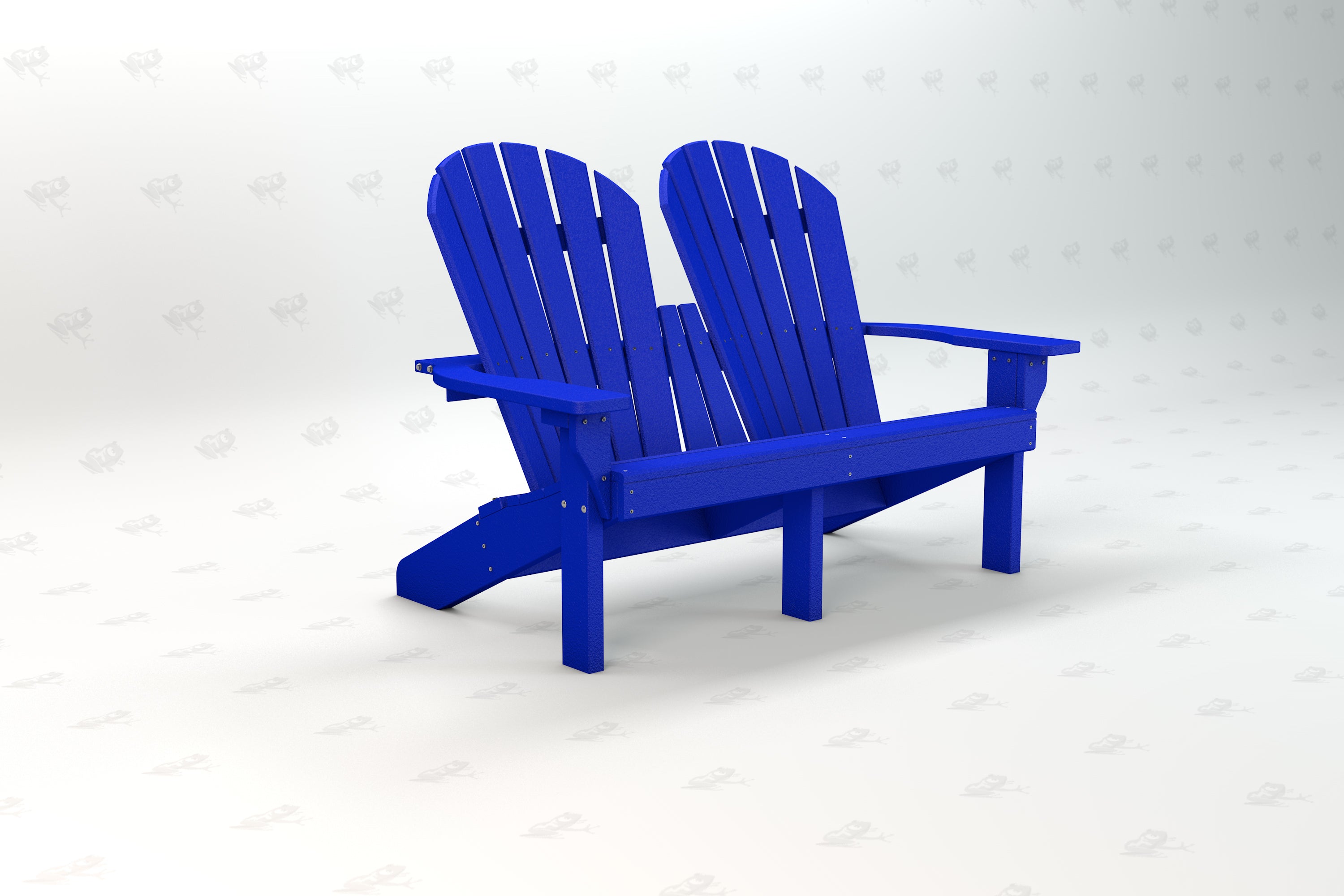 Blue recycled plastic Adirondack love seat with two contoured seats and wide armrests, angled view